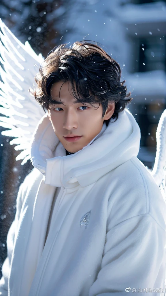 A tall, mysterious man with an angel mask covering his beautiful, angelic face, her hair curled in white, reminiscent of a snowy afternoon, highlighting your dark and glowing skin