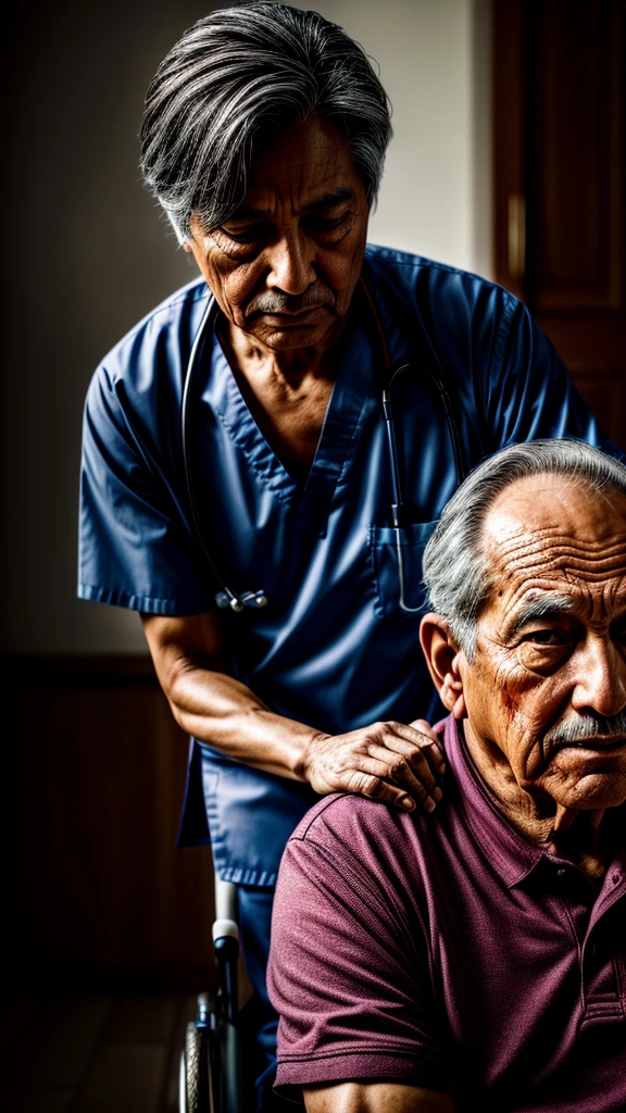 a middle-aged male nurse pushing an elderly patient in a wheelchair, highly detailed, photorealistic, cinematic lighting, beautiful skin tones, intricate facial features, clean medical environment, warm color palette, shallow depth of field, emotional expression, dynamic pose, (best quality,8k,highres,masterpiece:1.2),ultra-detailed,(realistic,photorealistic,photo-realistic:1.37),professional,cinematic lighting,warm color palette,shallow depth of field,emotional expression,dynamic pose