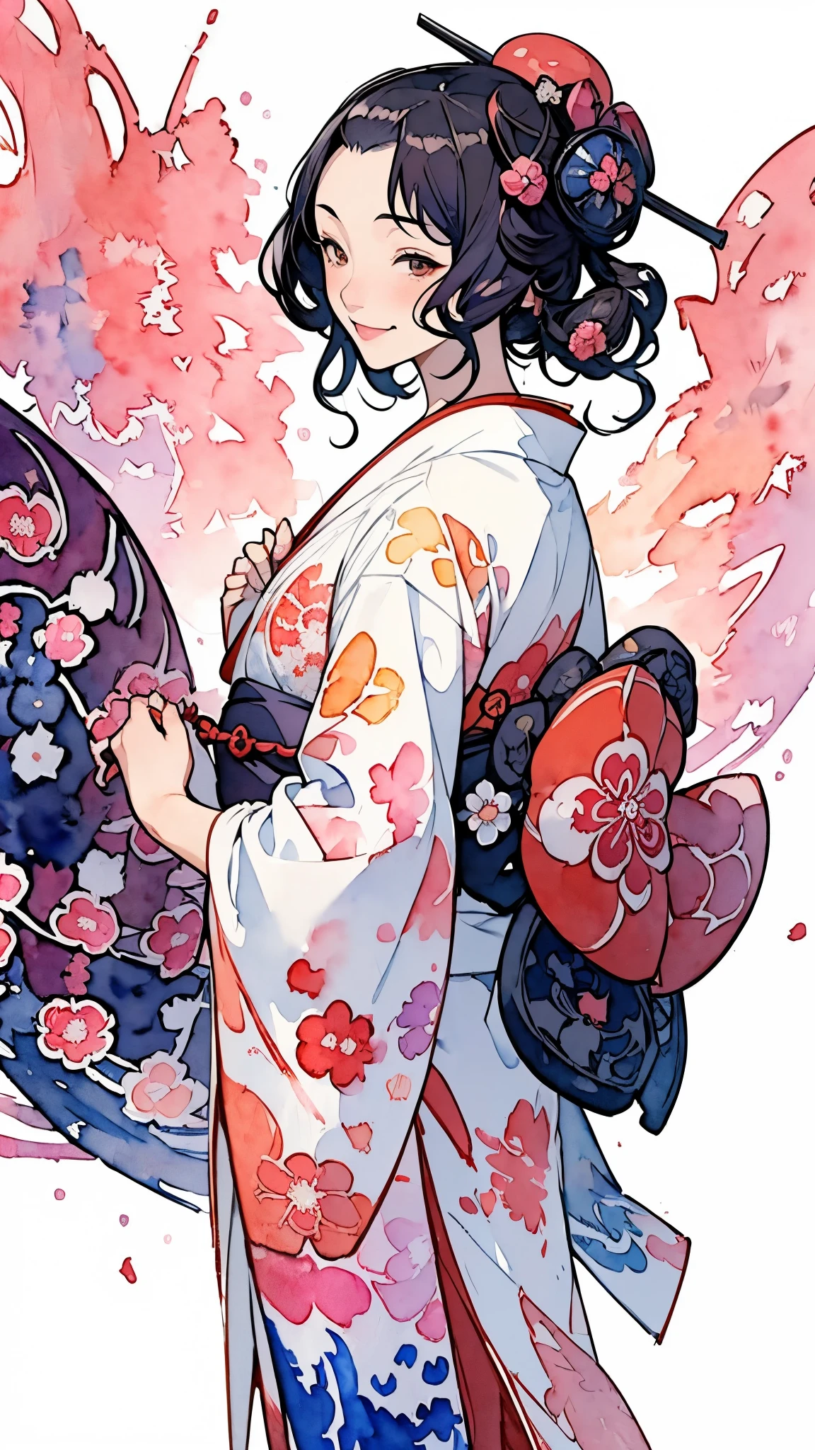 (masterpiece:1.2, Highest quality),(Very detailed),(((watercolor))),8k,wallpaper,1 girl,A woman is standing,Japanese,front,look at me,((smile)),kimono,(Intricate designs and patterns inspired by Katsushika Hokusai:1.3),(hands),(Beautiful female hands),(Detailed hands),(Random Pause),(透明watercolor:1.3)