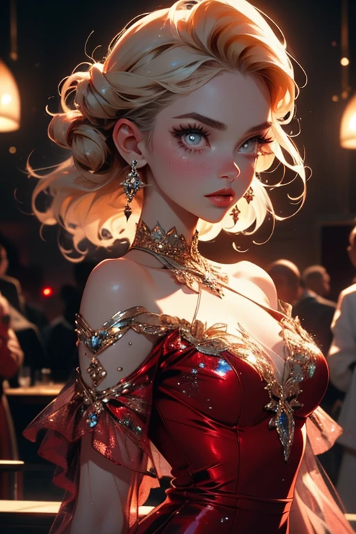 A cute woman, beautiful detailed eyes, beautiful detailed lips, extremely detailed face, long eyelashes, lovely off-shoulder dress, matching high heels, low makeup, dancing, flirtatious, cinematic lighting, warm color tones, photorealistic, 8k, highly detailed, masterpiece