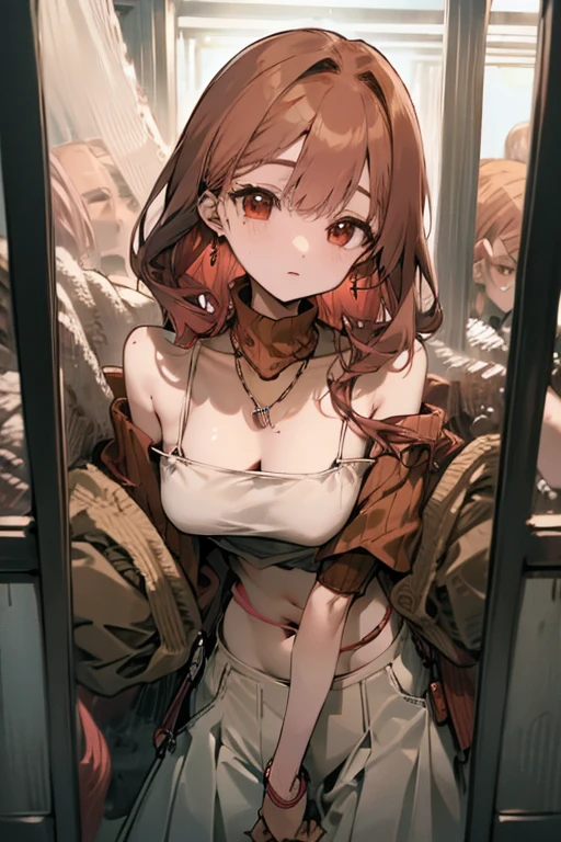 Reddish brown hair、Earrings、necklace、Sleeveless knitwear、Shoulder Bare、turtleneck、sexy、Cowboy Shot、In a crowded train、Disheveled clothing、Office casual fashion、The inner string is visible、Belly button、Asymmetrical design、Tight pants、Off-the-shoulder oversized jacket、Voluminous bob cut、High leg pants、Clothes made of translucent material