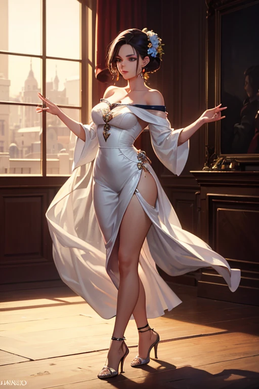 a busty girl，wearing the pantyhose and garter belt stockings and fishnet stockings，fleshy thigh ，thick thigh ，big round breasts，huge breasts ，perfect bodyThe banquet hall is spacious and luminous, with a high ceiling from which hangs an opulent crystal chandelier, emitting soft and warm light. The walls are adorned with exquisite frescoes or mirrored surfaces, reflecting the brilliance of the lights. At the center of the venue stands a large stage, surrounded by neatly arranged dining tables, each set with fine tableware and fresh flowers. In front of every seat lies a program and a small gift, a gesture of respect and welcome for each guest. As the female hostess takes the stage, the spotlight brightens, following her every move, making her the focal point of the room. Dressed in a splendid and intricately designed evening gown, the hem of her dress sways gently with her steps, shimmering with delicate sheen. The color of the gown might be classic black or graceful dark blue, embellished with intricate beads or embroidery, highlighting her nobility and grace. Her hair is meticulously styled, perhaps in an elegant updo that showcases her refined neckline; her makeup is refined yet natural, with eye makeup accentuating her bright eyes, and lip color possibly a soft rose hue or a classic red, complementing her evening gown beautifully.