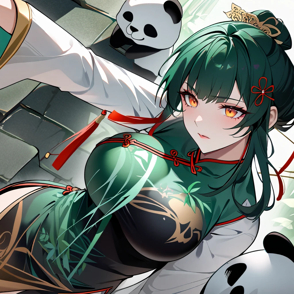 A woman wearing, weak green Chinese costume, long costume, big breasts, green hair, long hair, tied up hair, orange eyes, bamboo designs on the costume, green heels, on a stone road, bamboo around, perfect face , perfect eyes, a panda close up, patting the panda, Chinese aesthetics, punishing_gray_raven, Hanying. close view.
