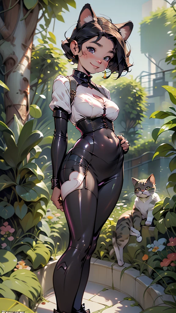 garden,1girl, furry, anthro,happy smile,cat girl,cat tail,animal paw,close ejes(curved breast:1.5),(huge breast:1),leather corset ,(glossy:1.5),leather skirt,maid uniform,great quality, absurdres, masterpiece, (nsfw:0.55), ((flat chested, flat stomach, baby face)), (intense colors)