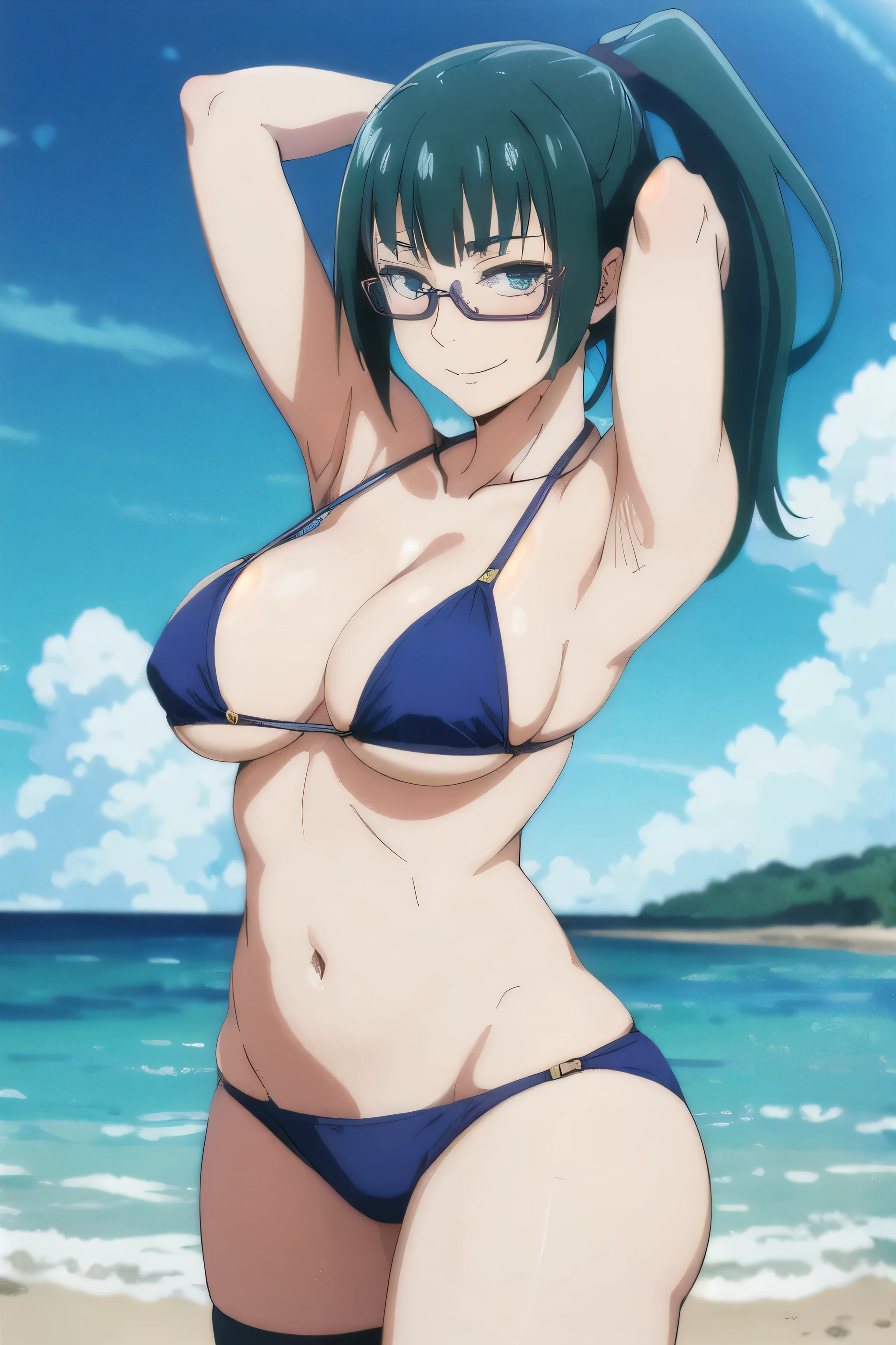 MakiZenin,1girl, perfect, beautiful, lnd_woman, lnd_body, ponytail, [(green hair:1.1):2] eyewear,  1girl, solo, breasts, looking_at_viewer, smile, large_breasts, cleavage, bare_shoulders, collarbone, standing, hands behind head, thick thighs, thong underwear, from_below, breasts, large breasts, big breasts, huge breasts, big tits, giant breasts, small bikini, bikini, blue bikini, bare shoulders, bare arms, beach, ocean, underboob, island background, high resolution, beautiful eyes, high quality