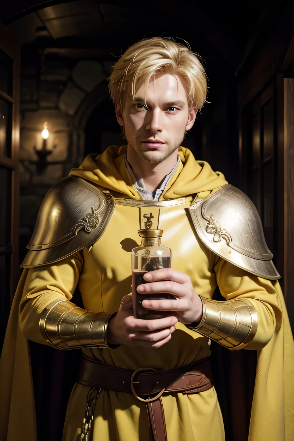 blond man, 35 year old, wearing yellow cape armor, Holding a potion