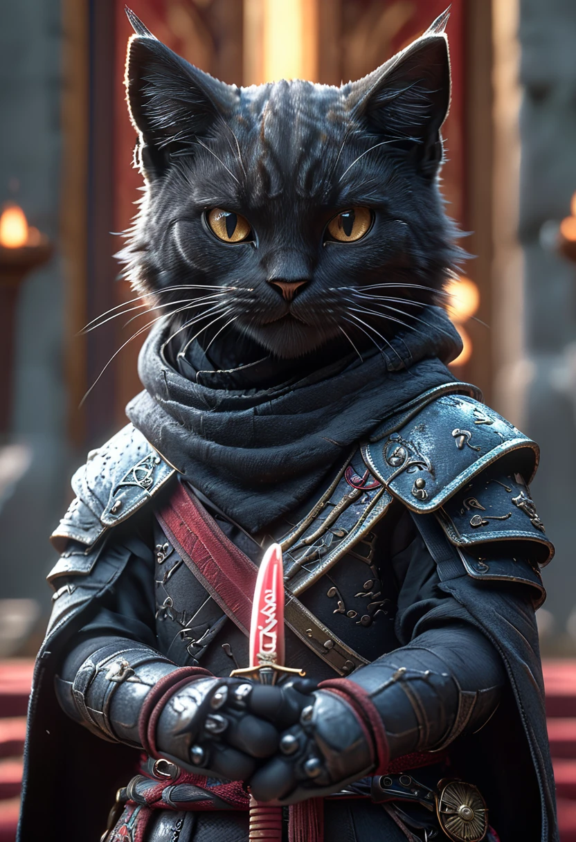 Close-up shot of a cat, cat ninja,whole body, Holding a shuriken, Wearing dark clothes, Japan Castle Background, High resolution, masterpiece, Highest quality, Super detailed, Super detailed, Ultra-realistic,
Hong Kong Style, 3D Fluffy, Cute and adorable close-ups, Cute big round reflective eyes, Long fuzzy fur, Pixar Rendering, unreal engine Cinematic smooth, Intricate details, Cinematic