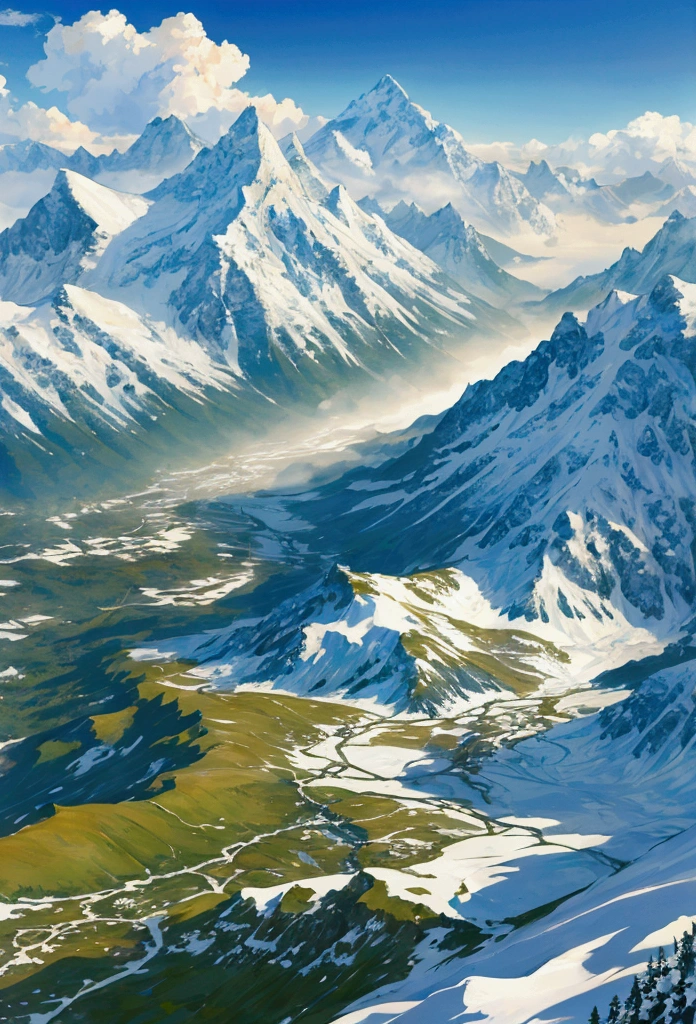 snow scene images A picture showing a mountain in the distance There is a green hill in front Fantasy lush scenic landscape I feel spring too 空がFantasyで早朝のような光
