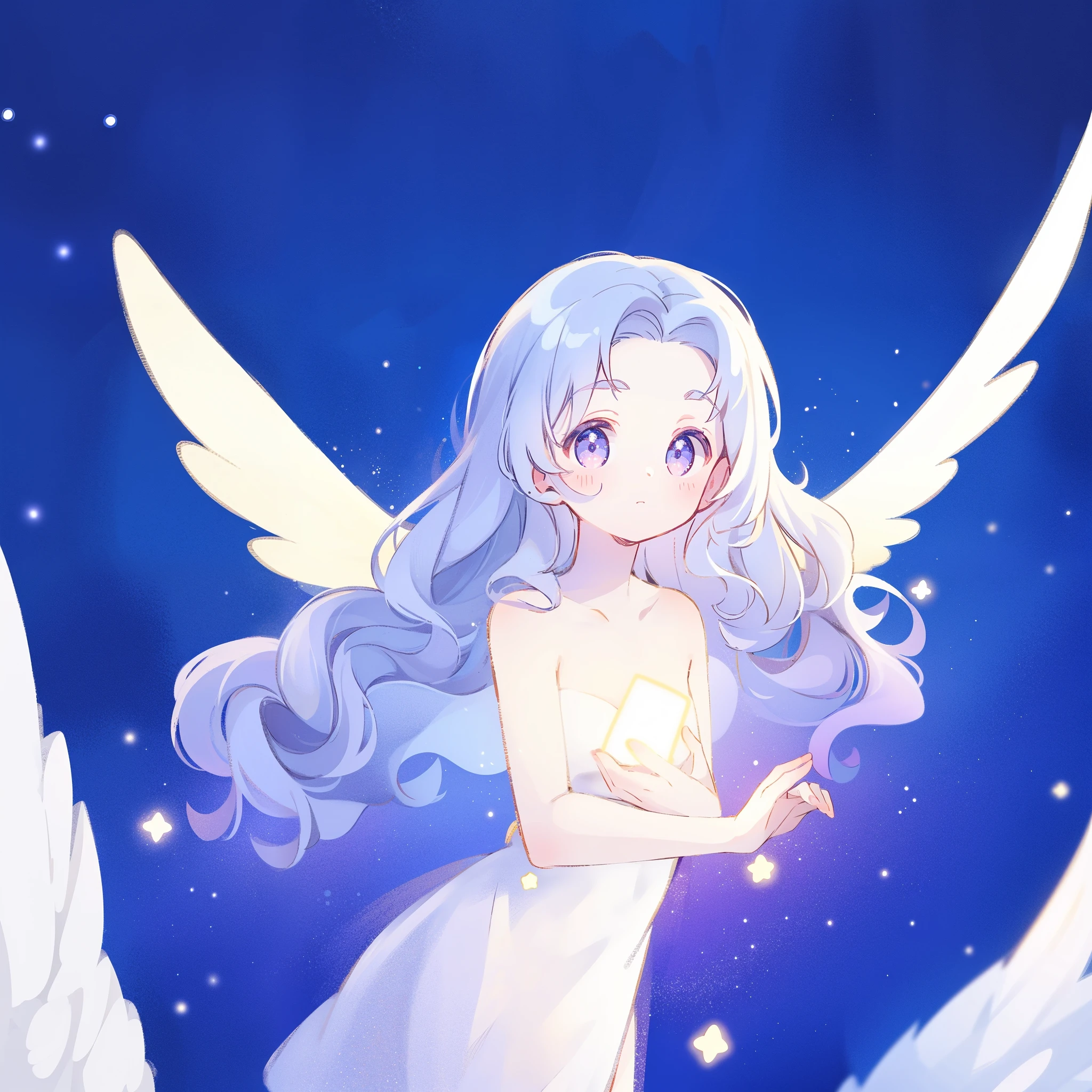 nude angel girl wearing an ethereal translucent dress, pale skin, ((wavy gradient blue purple hair)), white feathers, angel wings, sparkling detailed eyes, golden ratio face, perfect composition, highly detailed, ethereal, (starry night sky background), midjourney style