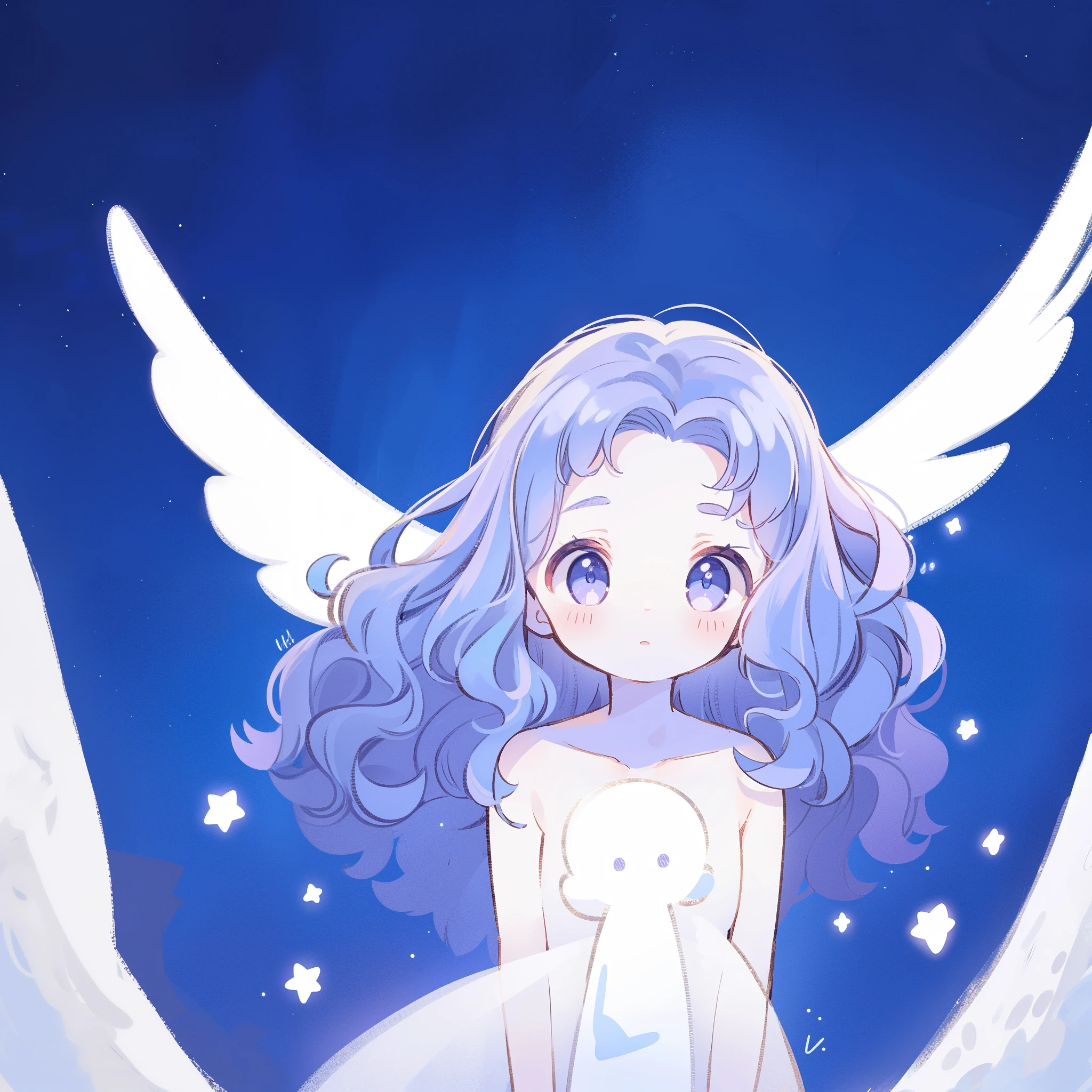 nude angel girl wearing an ethereal translucent dress, pale skin, ((wavy gradient blue purple hair)), white feathers, angel wings, sparkling detailed eyes, golden ratio face, perfect composition, highly detailed, ethereal, (starry night sky background), midjourney style