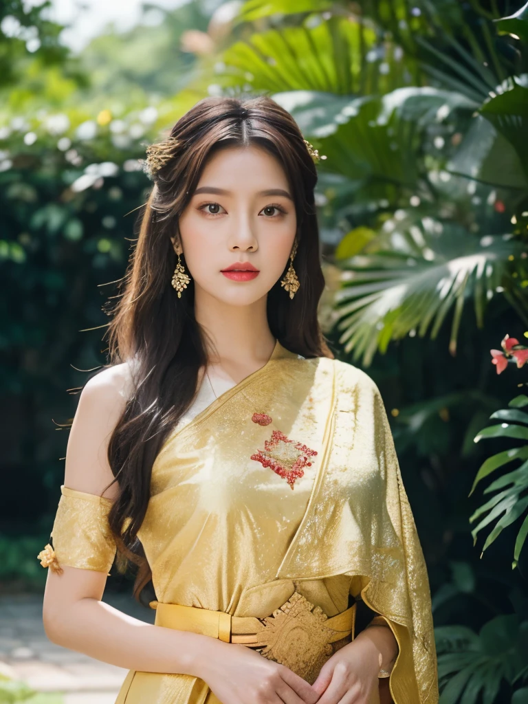 Detailed faces, Clear Face, beautiful girl, Asian makeup, Red lips, brunette hair, very long hair, Extra long hair, diadem, Medium body, Big breasts, super large breasts, Thai traditional costume, antique, sexy medium dress, Gold Dresses, HD, fuul body, Evening Light, Flower Garden Background.Show right shoulder, left shawl, Look straight ahead.