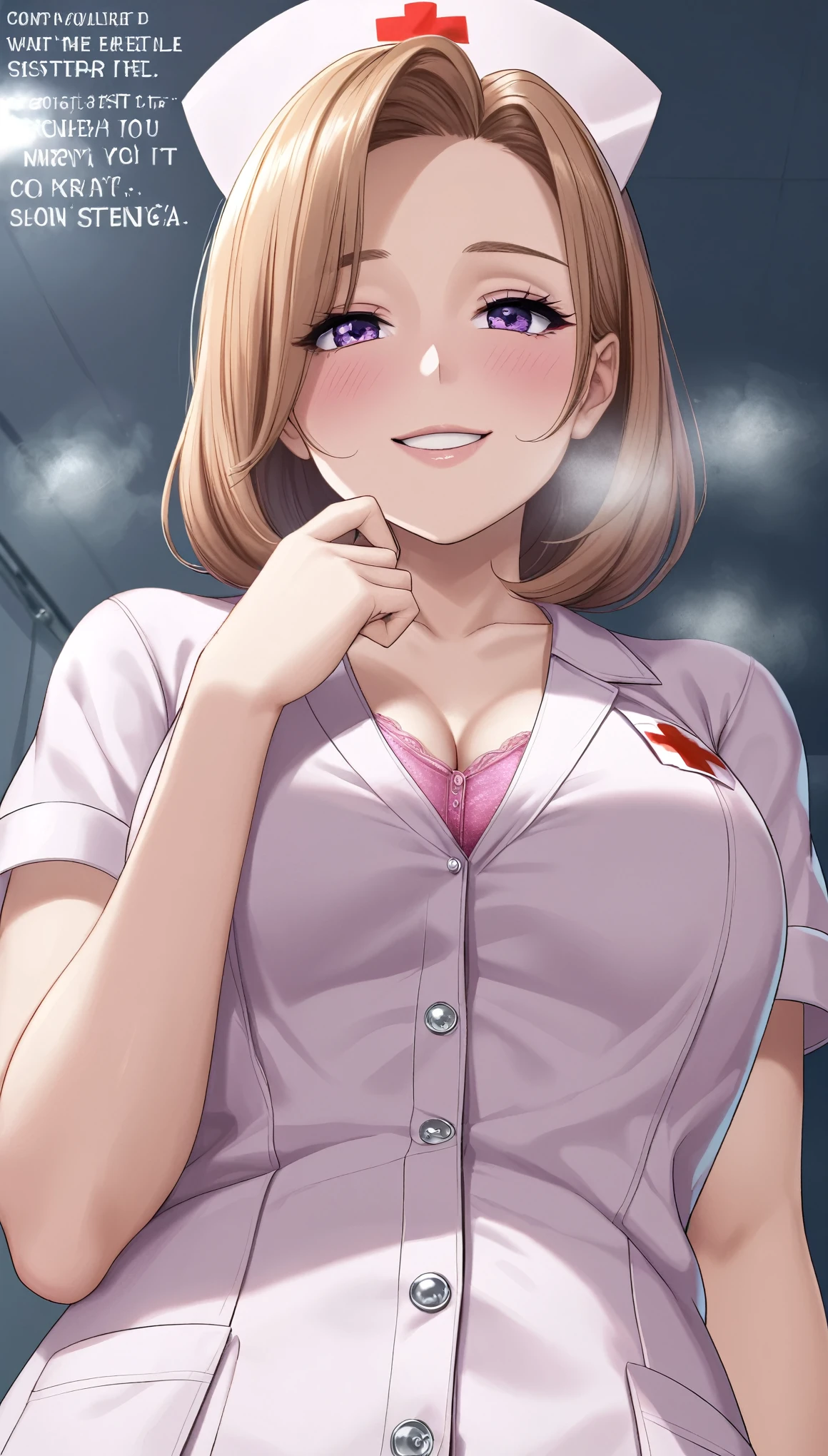 from below, portrait, kind and beautiful nurse, cool face, shy smile, excellent proportions, wearing loose cardigan over nurse uniform, glitter effects, foggy effects