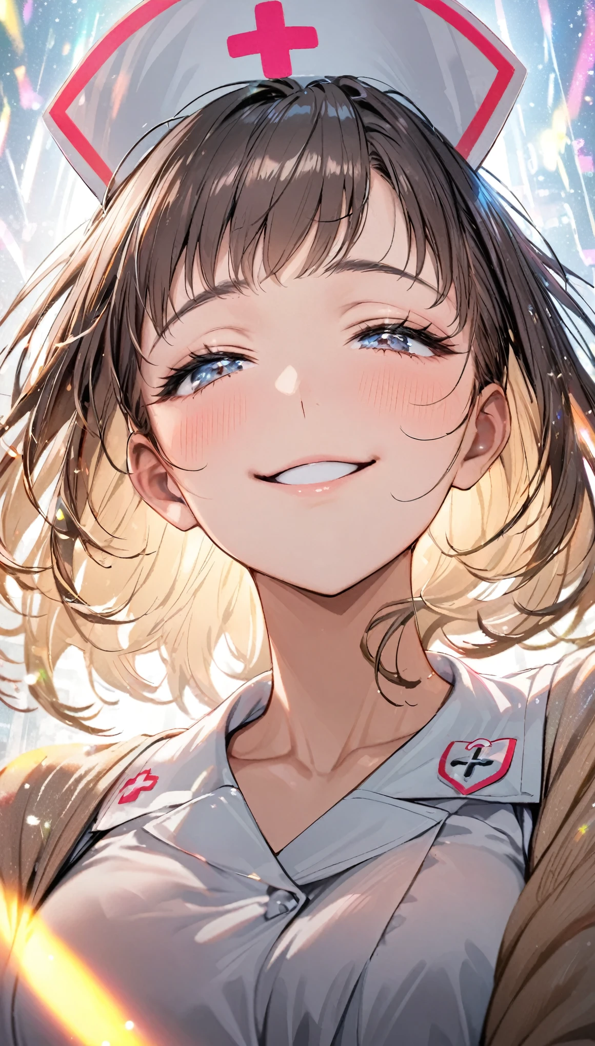 from below, portrait, kind and beautiful nurse, cool face, shy smile, excellent proportions, wearing loose cardigan over nurse uniform, glitter effects, foggy effects