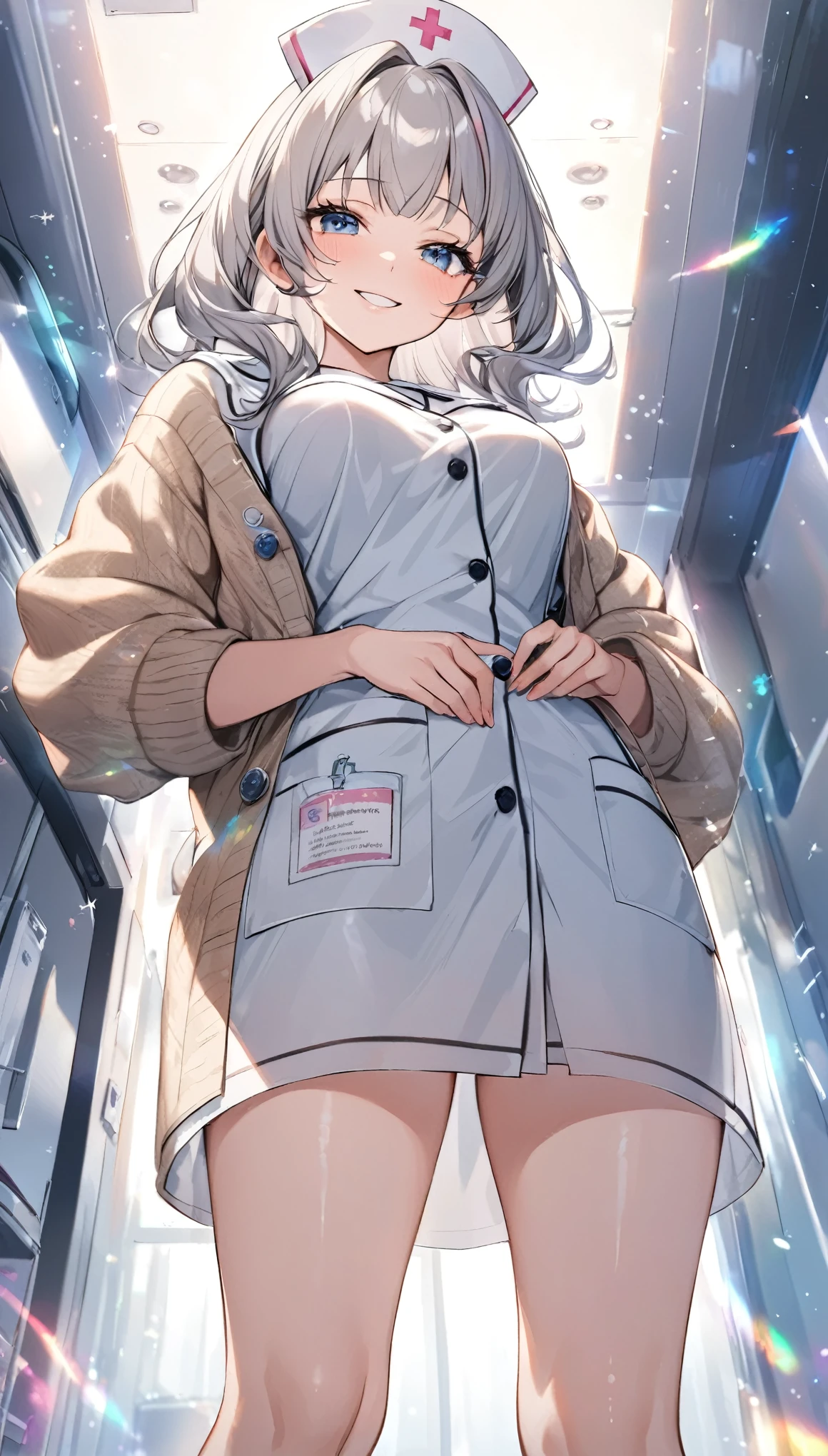 from below, kind and beautiful nurse, cool face, shy smile, excellent proportions, wearing loose cardigan over nurse uniform, glitter effects, foggy effects
