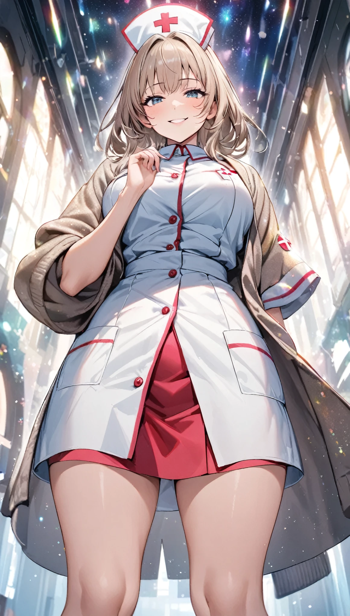 from below, kind and beautiful nurse, cool face, shy smile, excellent proportions, wearing loose cardigan over nurse uniform, glitter effects, foggy effects