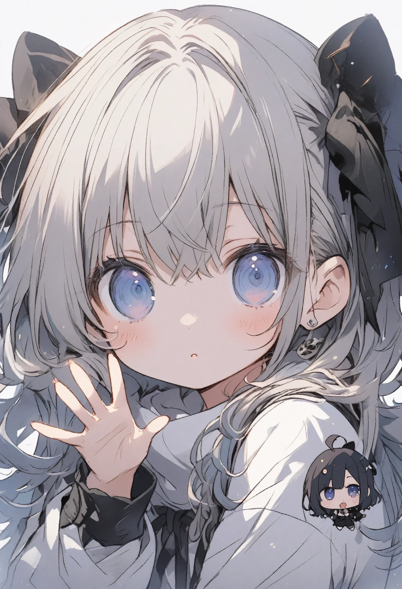 An anime illustration with the upper body peeking out from the right edge of the screen、Chibi character、Looking at the viewer and waving, on right