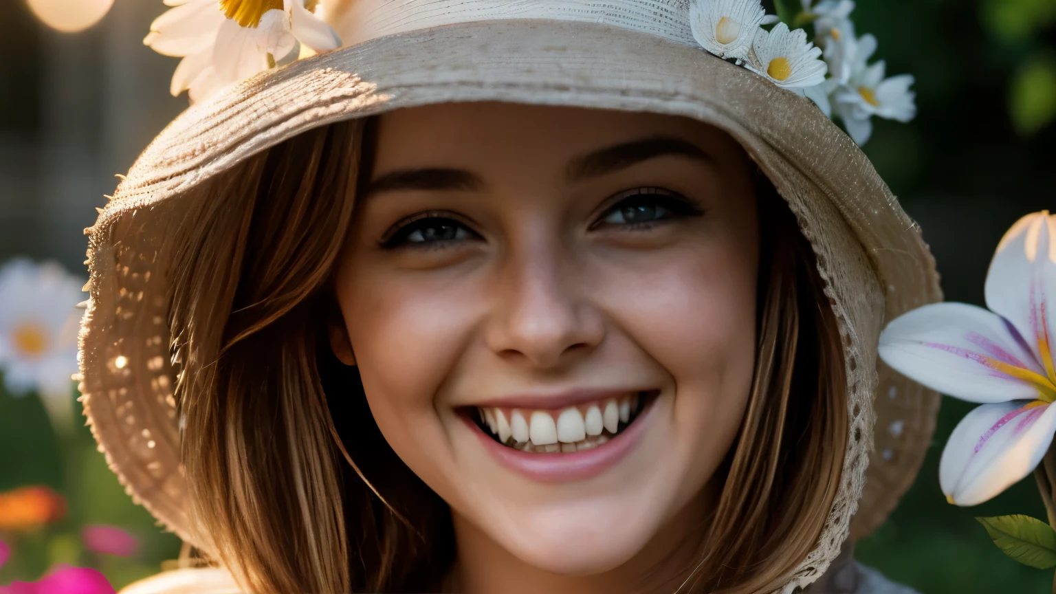 Melissa sue anderson, laughing, laugh, masterpiece:1.2 - (best quality) (detailed) (intricate) (8k) (HDR) (wallpaper) (cinematic lighting) (sharp focus),1girl, catacombs, happy, 20 years old girl, break, upper body, closeup, break, garden flowers