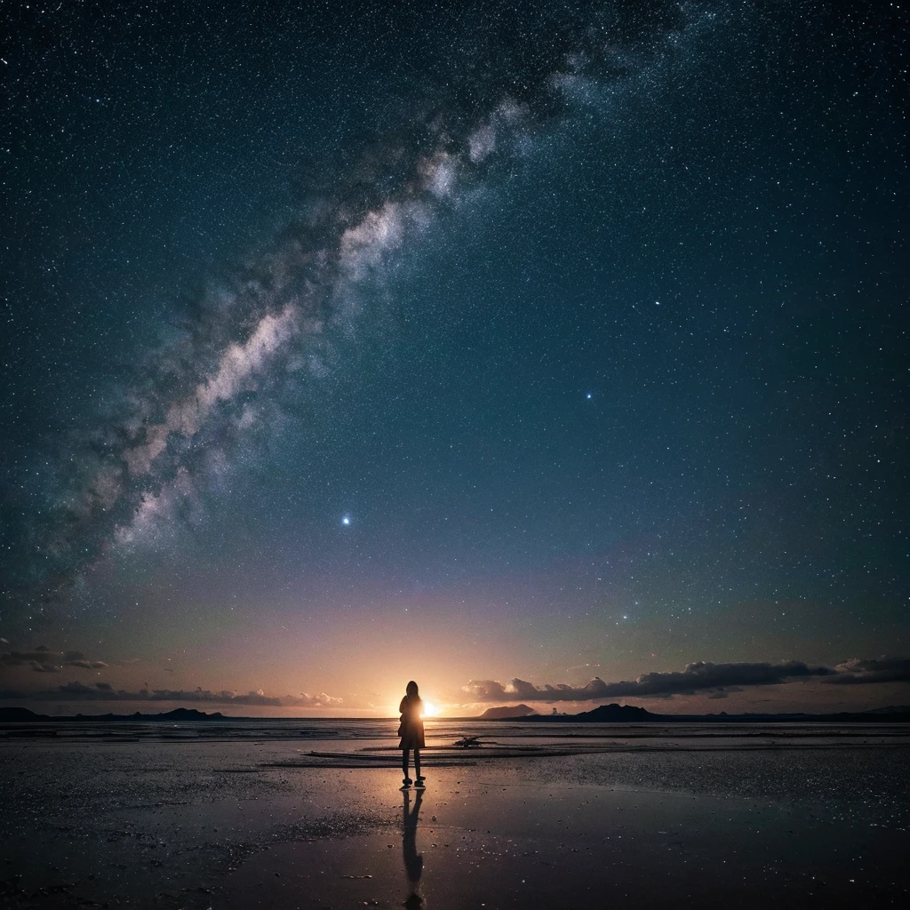 Master Parts、Superior Quality、superior image quality、The 8k quality、Beautiful pictures of the starry sky、magnifica、Arched Milky Way:1.9、Woman in swimsuit sitting on beach looking up at starry sky