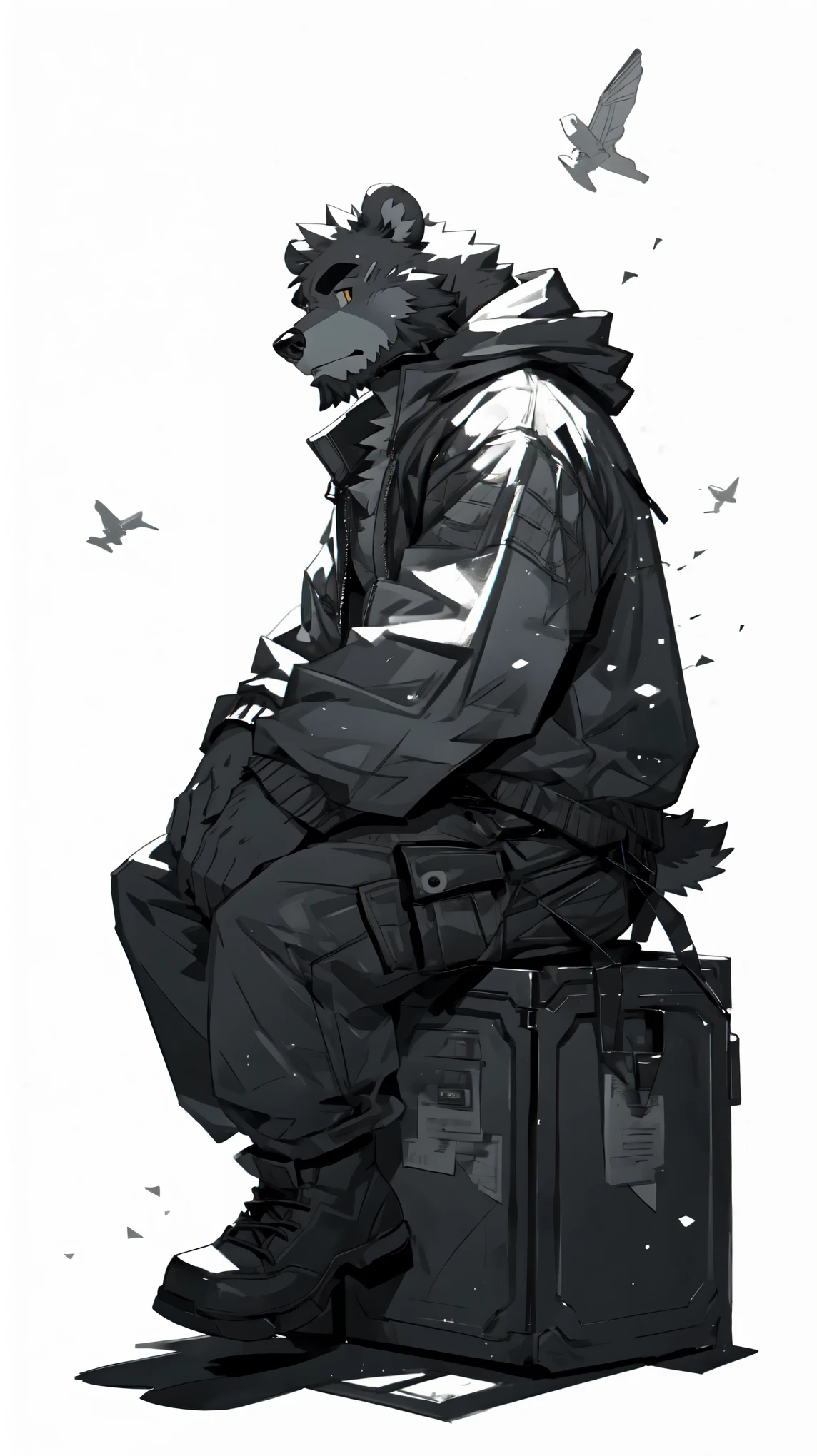 (masterpiece:1.2), best quality,pixiv,official art,perfect anatomy, (Ray tracing, light),solo, (1_male:1.3) , (muscle), (grey fur:1.4), (muscle bear), (beard:1.2), (gleaming golden eyes), bear tail, full body, Thick black eyebrows, (open short hoodie), (naked inside),cargo shorts, black short boots, (pure white background: 1.3), side view, sitting on tower, morden style, line art, (monochrome:1.4)