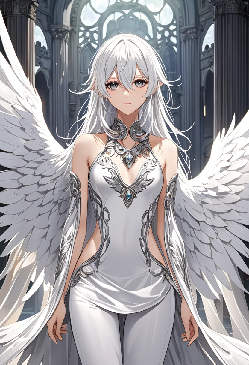 Chico, thin and fragile body, long white hair, white eyes, silver tunic, white pants, big white wings