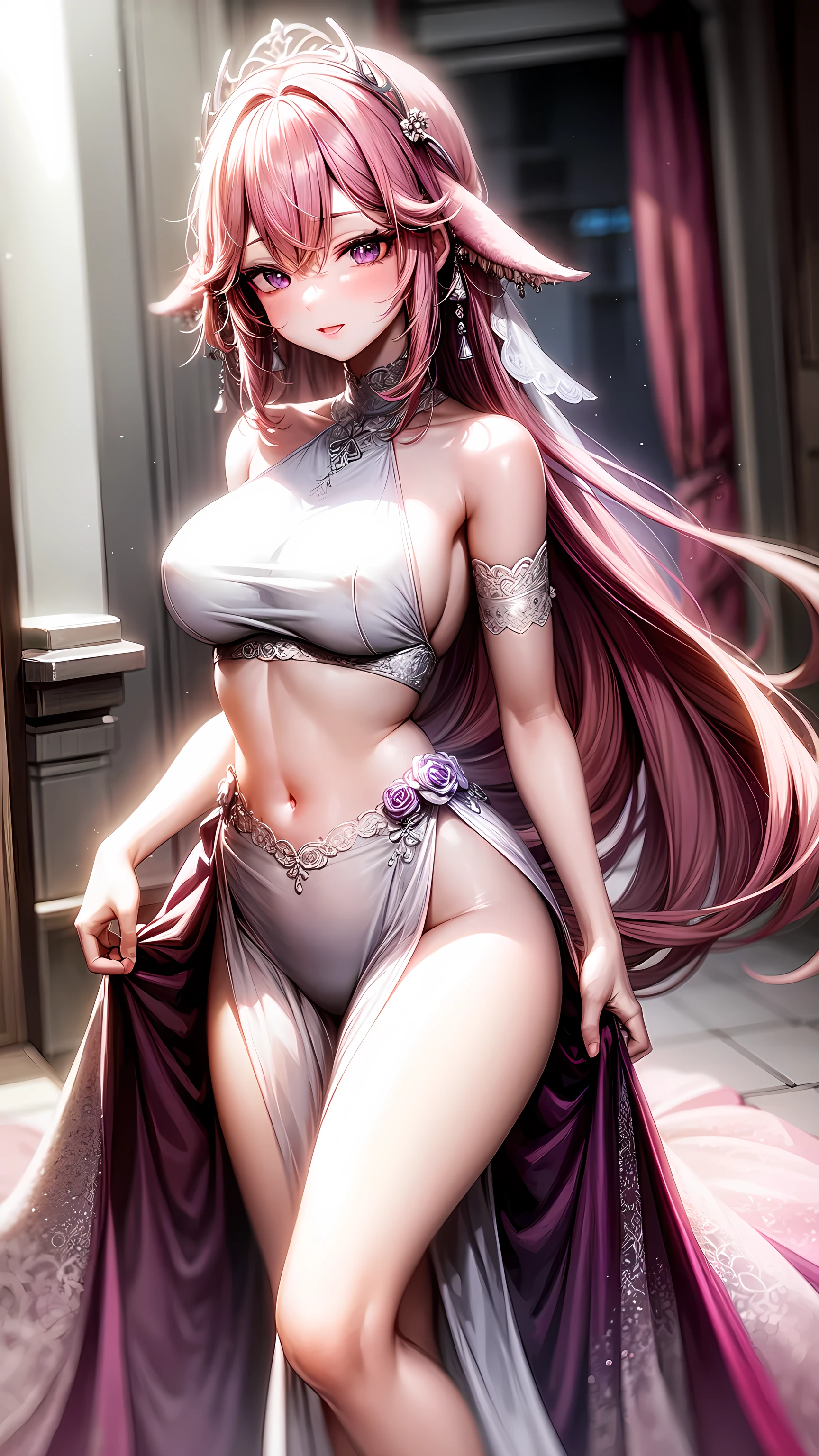 purple eyes,Wedding dress,long skirt,crop top,pink hair