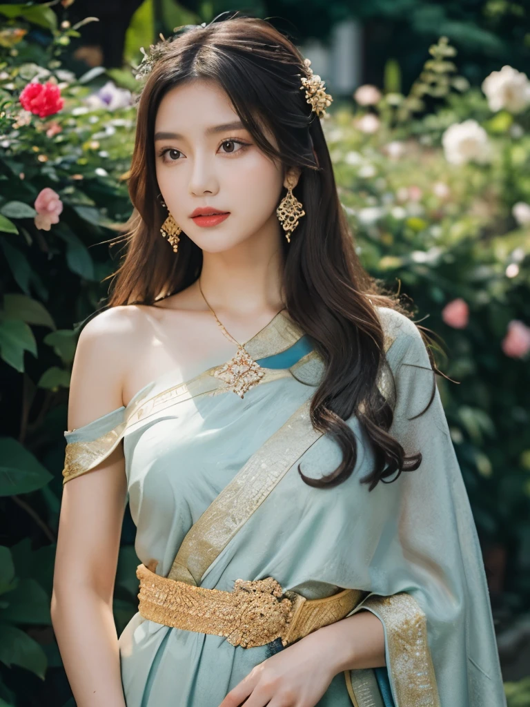 Detailed faces, Clear Face, beautiful girl, Asian makeup, Red lips, brunette hair, very long hair, Extra long hair, diadem, Medium body, Big breasts, super large breasts, Thai costume, antique, sexy medium dress, blue Dresses, HD, fuul body, Evening Light, Flower Garden Background.Show right shoulder, left shawl, Look straight ahead.
