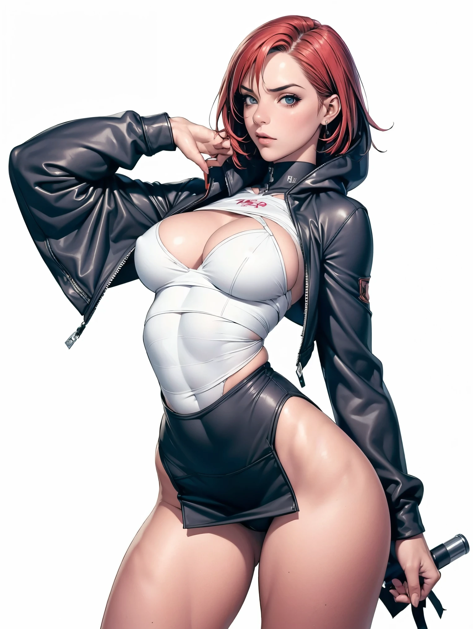 (((Annie Lennox))), (((colorful suit))), (scars), (((bandaged arms))), (((colorful clothes))) (( hood)), (((best qualityer: 1.4))), (Unbeatable masterpiece), (hiper HD),(CG 8k hyper-realistic), brave face, (((breasts big))), (((hyper feminine))), sexly girl, black tattoo,（ultra short red hair with white highlights)), ((( sculptural body ))), (((1 Kizi))), Kizi tatuada de 25 anos com perfectbody,,Beautiful and well-groomed face,muscular body:1.2,solid color detailed jacket, (Head to thigh photos)， Complex equipment, copper，Tight clothes，With white stars and off-white stripes,,,,,Armor Metal Electronic Parts, Poison tattoos ) INFO, Kizi, (((standing alone))), pirralha violent, 24歳, sexy, pose de atitude, work of art, post-apocalypse, (((manga style))), bounty hunter, the way you want, perfect body, roupa moderna, advanced technology, Pleated mini skirt with checkered pattern in red and black, fur collar jacket, sleeves with vertical striped pattern, neutral background, (( cowboy shot )). intricate visual, narrow waist, (((wide hips))), wide hips, fit thighs, (thigh gap), background shows a futuristic airplane