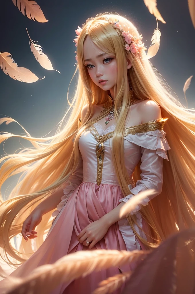A charming girl emerges from amongst a sea of dreamy feathers.,Complexbeautiful色彩,Creates a fantastic atmosphere,(((Smooth, straight, extra long hair, beautiful,Flowing blonde hair:1.2))),(((Amber eyes stare into the distance))),Amazing fantasy costumes,Full length,Delicate silk,Feather embossed all the way down to the hem of the dress,Subtle details,(Princess Decoration,Baby Pink:1.2),Complex,Detailed,moving composition,Against a deep background,(Feathers in the sky:1.3),it was foggy,Bokeh,it was foggy,Dutch Angle,Soft Focus,Afterimage,Minimalism,A world beyond imagination,Otherworldly brilliance,Movie-like scene,Cinema Lighting,超beautifulポートレート,Abstract background