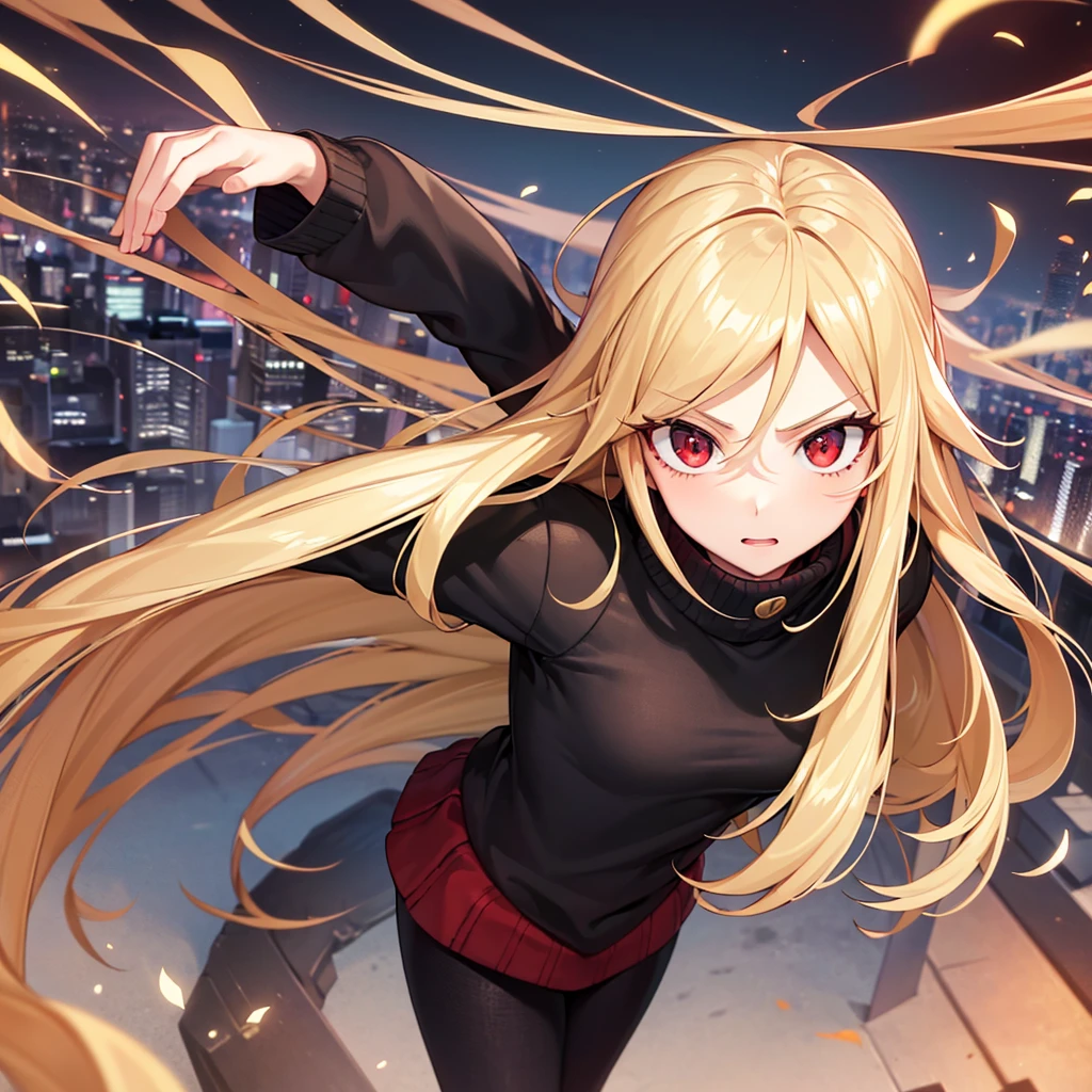 masterpiece, high quality, perfect face, high texture, 1 girl, 1 person, cheered up, My Hero Academia, long blonde hair, Red eyes, timide way, black sweater, Black pants, background of a city