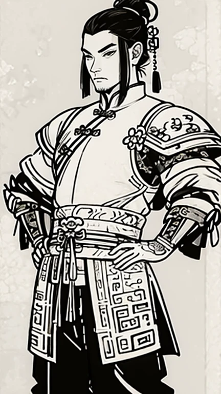 (((Monochrome)))、(((Ink Painting)))、(((Handsome man with ancient Chinese hairstyle)))、(((Hands on hips)))、Line art、Oriental、Ultra-high resolution、Game Poster、Crisp and beautiful image quality、whole body ,(Ancient Chinese armor, Dragon head on shoulder, (Ancient Chinese armor with intricate pattern:1.2), gloves, Long trousers, (Very detailed, bloom:1.5), (Highest quality, Concept Art, 4K), (analog:1.2), (high sharpness), (Detailed pupil:1.1), Detailed face and eyes, masterpiece, Highest quality,8k,  (Black Hair, Dynamic Short Hair), (PurerosFace_v1:0.2), [:(Detailed face:1.2):0.2], sharp, 