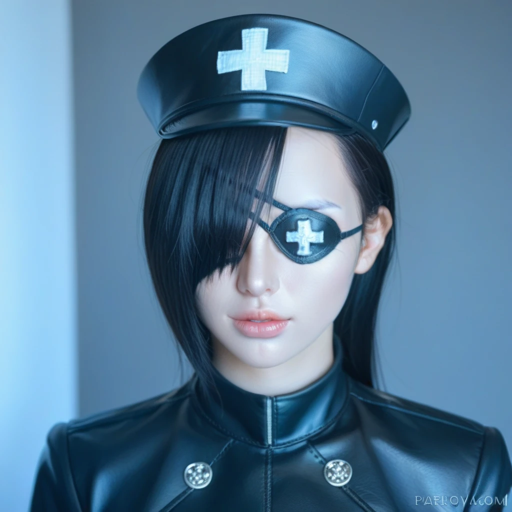 score_9, score_8_up, score_7_up, score_6_up, score_5_up, score_4_up, (Cowboy Shot:1.0)、 (Wear a black leather eyepatch over one eye:1.9)、white_sexy_tight_Dressed in nurse clothes、Young_Very beautiful woman、Flashy makeup、Wind、女王様Wind、Highly detailed facial features、Detailed thick lips、Detailed skin that reflects light、Ideal body type、Nurse cap、Has a huge syringe、Captivating look、In front of a dark basement、Realistic、 8k、 Super detailed、 Cinema Lighting、 Dramatic Shadows、 Cold Tones、portrait photo, woman