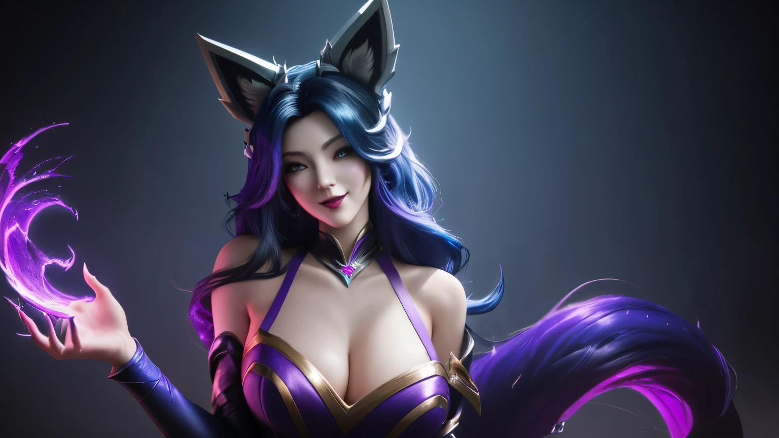 ((melhor qualidade)), (8k), (alta resolução), (super detalhado), gradient hair, dark blue hair, multicolored hair, long hair, ponytail, Cabelo roxo, Olhos roxos, fox ears, seductive smile, grandes, Coxas grandes, Surrealism, Realism, anime style, UHD, masterpiece, anatomically correct, accurate, super detail, high details, best quality, 8k, ahri league of lengends, (ahri coven)