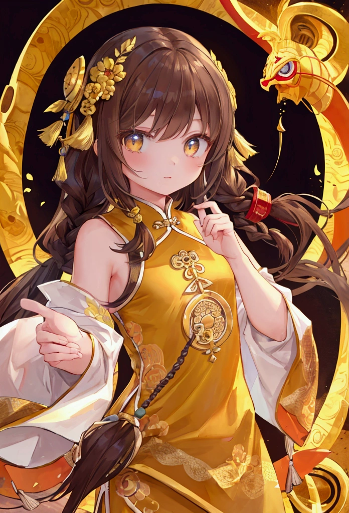 masterpiece, best quality,flat chest, cute eyes, twin braid, dark brown hair,yellow antiquity chinese clothes
