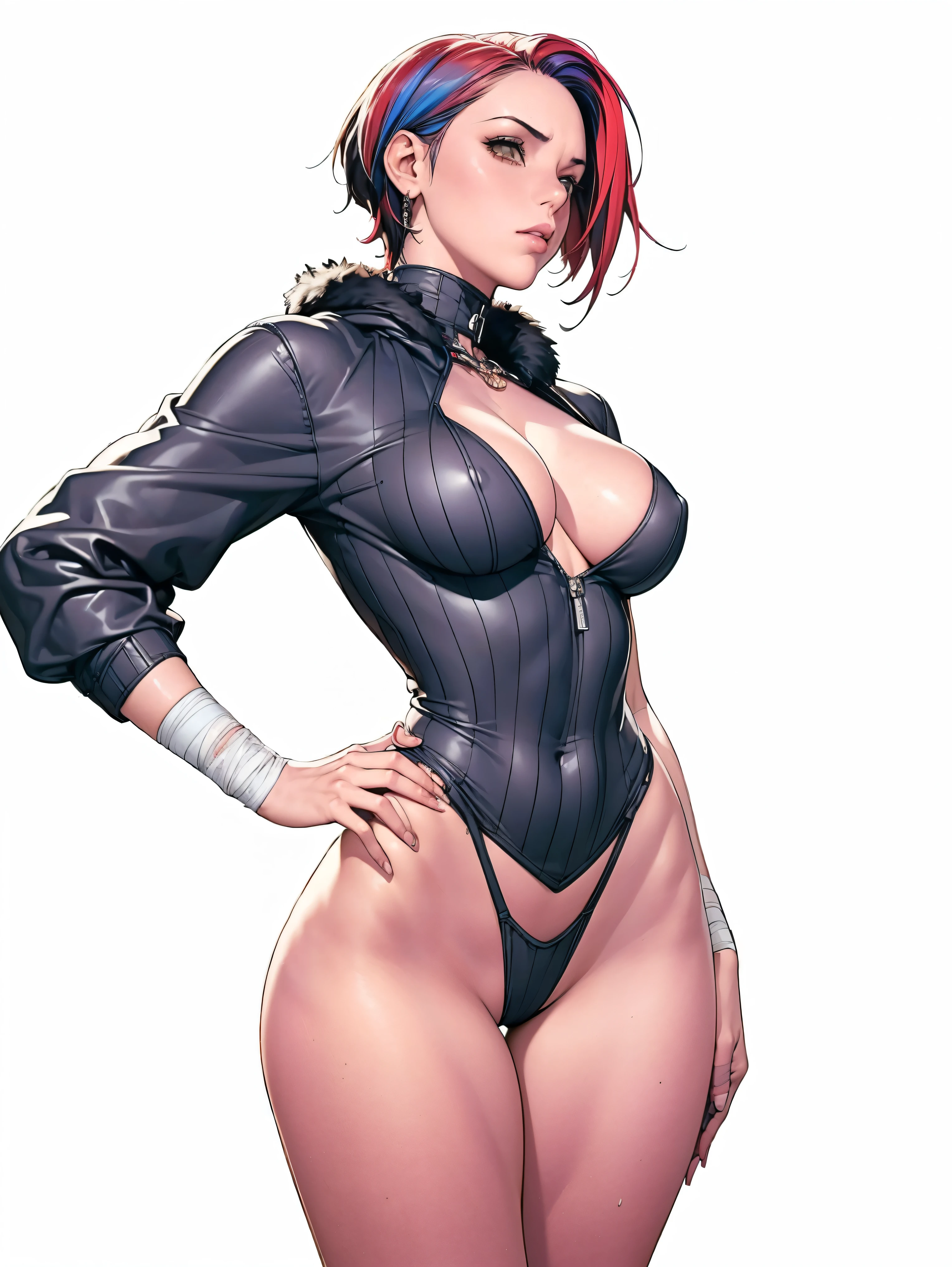 (((Annie Lennox))), (((colorful suit))), (scars), (((bandaged arms))), (((colorful clothes))) (( hood)), (((best qualityer: 1.4))), (Unbeatable masterpiece), (hiper HD),(CG 8k hyper-realistic), brave face, (((breasts big))), (((hyper feminine))), sexly girl, black tattoo,(ultra short red hair with white highlights)), ((( sculptural body ))), (((1 Kizi))), Kizi tatuada de 25 anos com perfectbody,,Beautiful and well-groomed face,muscular body:1.2,solid color detailed jacket, (Head to thigh photos), Complex equipment, copper,Tight clothes,With white stars and off-white stripes,,,,,Armor Metal Electronic Parts, Poison tattoos ) INFO, Kizi, (((standing alone))), pirralha violent, 24歳, sexy, pose de atitude, work of art, post-apocalypse, (((manga style))), bounty hunter, the way you want, perfect body, roupa moderna, advanced technology, Pleated mini skirt with checkered pattern in red and black, fur collar jacket, sleeves with vertical striped pattern, neutral background, (( cowboy shot )). intricate visual, narrow waist, (((wide hips))), wide hips, fit thighs, (thigh gap), background shows a futuristic airplane
