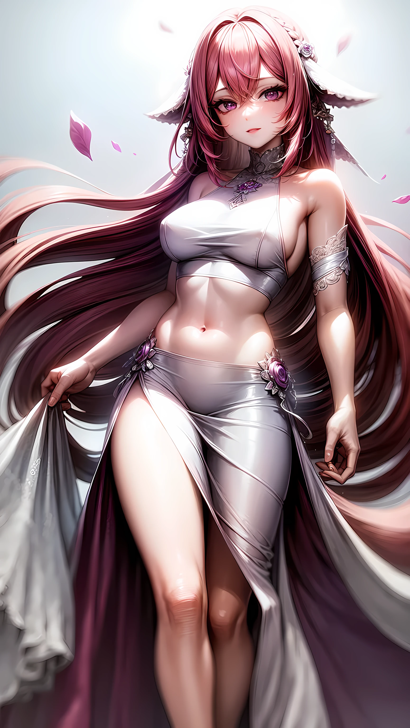 purple eyes,Wedding dress,long skirt,crop top,pink hair