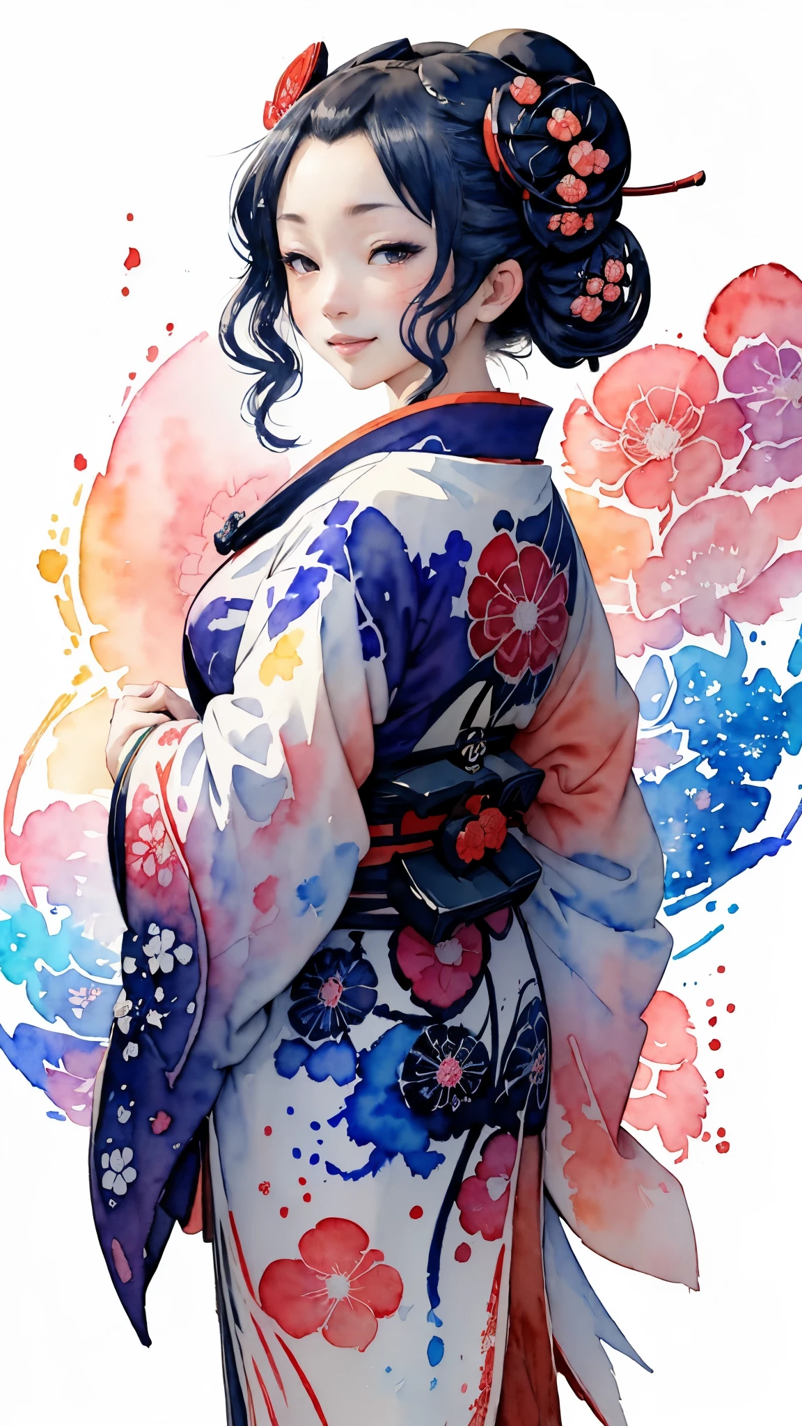 (masterpiece:1.2, Highest quality),(Very detailed),(((watercolor))),8k,wallpaper,1 girl,A woman is standing,Japanese,front,look at me,((smile)),kimono,(Intricate designs and patterns inspired by Katsushika Hokusai:1.4),(hands),(Beautiful female hands),(Detailed hands),(Random Pause),(透明watercolor:1.3)