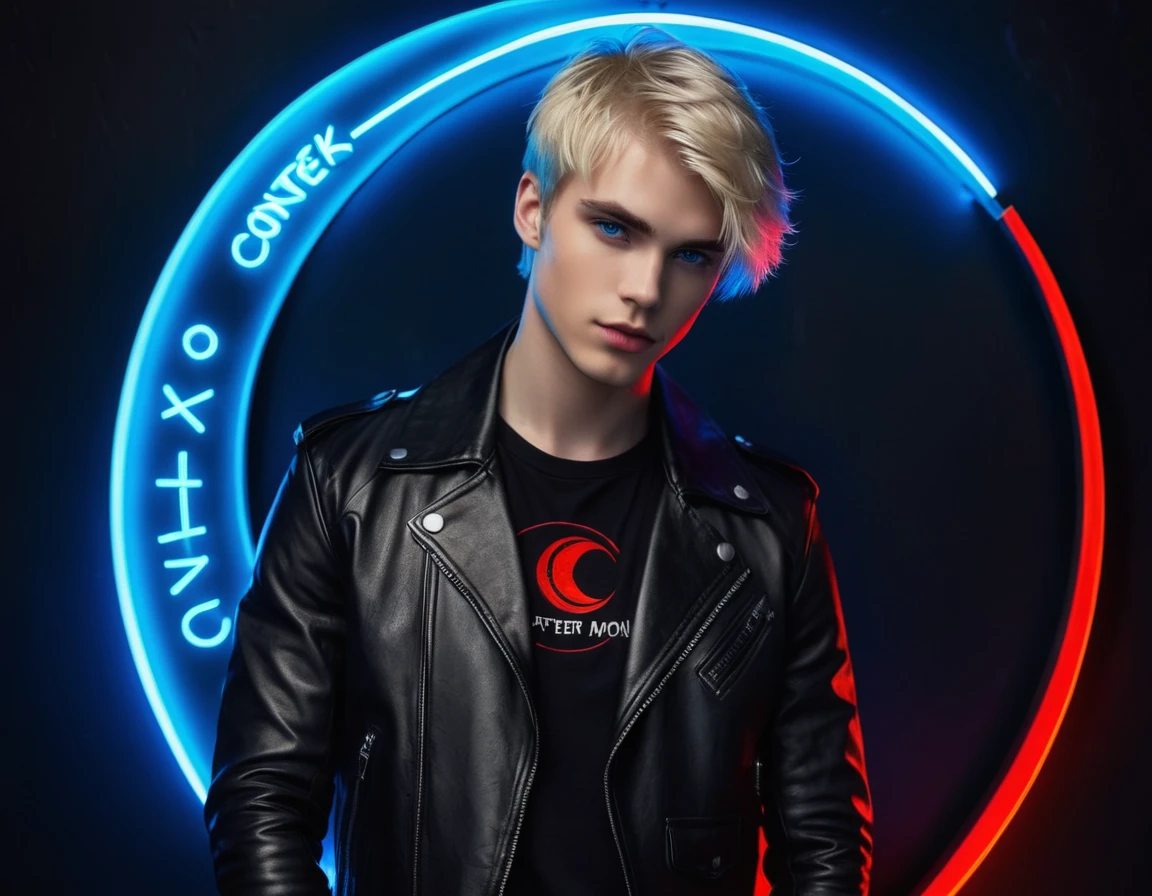 Hyper realistic, dark vibes, solo, full body, attractive young guy, male, 22 years, pale skin, blue eyes, (short textured blond hair:1.1), layered bangs, (holding knife:1.1), black leather jacket, black eyeliner, dark lighting, in luxury BDSM room, (smirk:1.1), neon red crescent moon symbol (blue sign that says "CONTEXT" after the crescent moon:1.3)