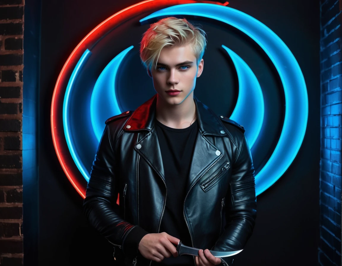 Hyper realistic, dark vibes, solo, full body, attractive young guy, male, 22 years, pale skin, blue eyes, (short textured blond hair:1.1), layered bangs, (holding knife:1.1), black leather jacket, black eyeliner, dark lighting, in luxury BDSM room, (smirk:1.1), neon red crescent moon symbol (blue sign that says "CONTEXT" after the crescent moon:1.3)