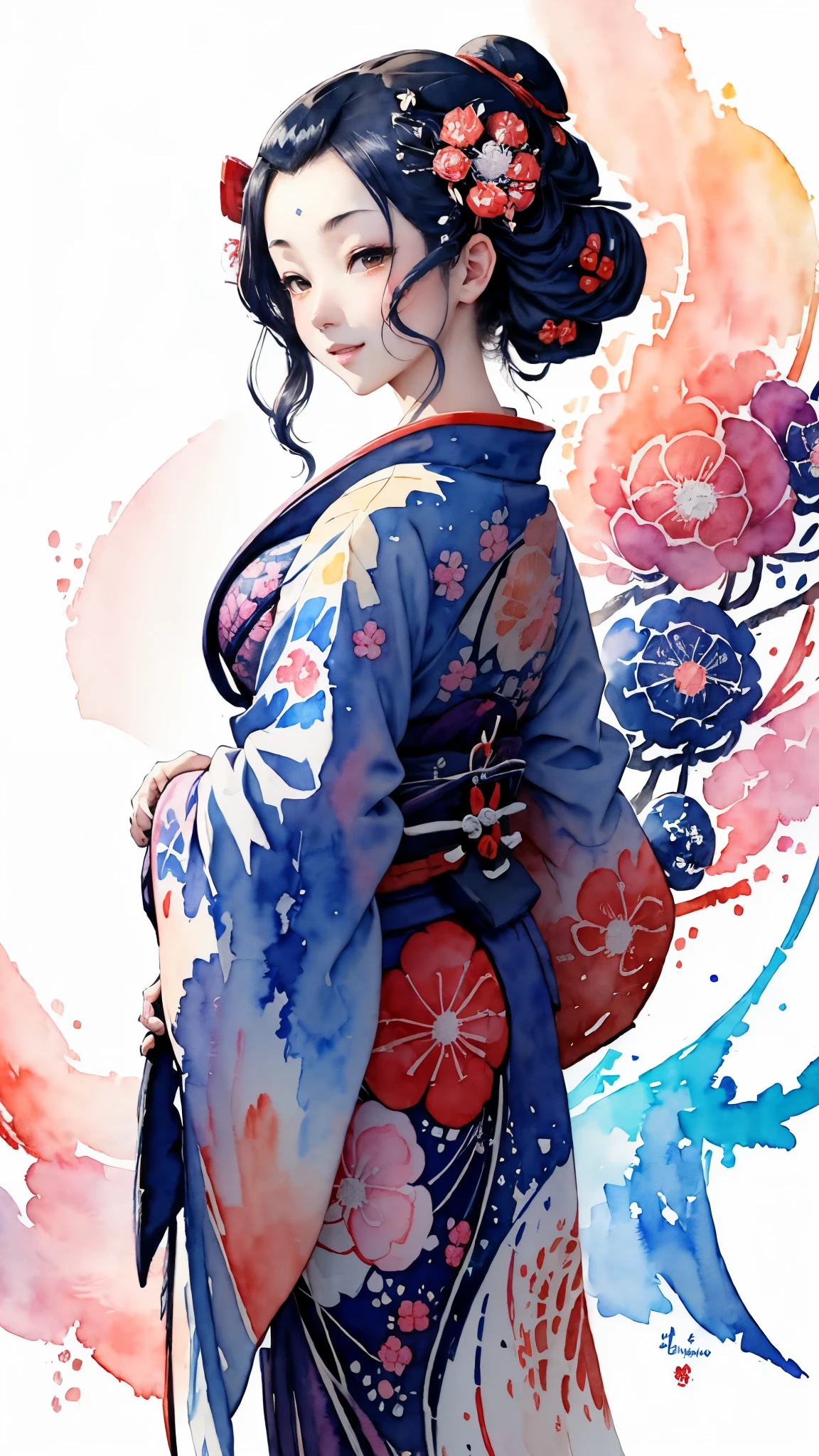 (masterpiece:1.2, Highest quality),(Very detailed),(((watercolor))),8k,wallpaper,1 girl,A woman is standing,Japanese,front,look at me,((smile)),kimono,(Intricate designs and patterns inspired by Katsushika Hokusai:1.4),(hands),(Beautiful female hands),(Detailed hands),(Random Pause),(透明watercolor:1.3)