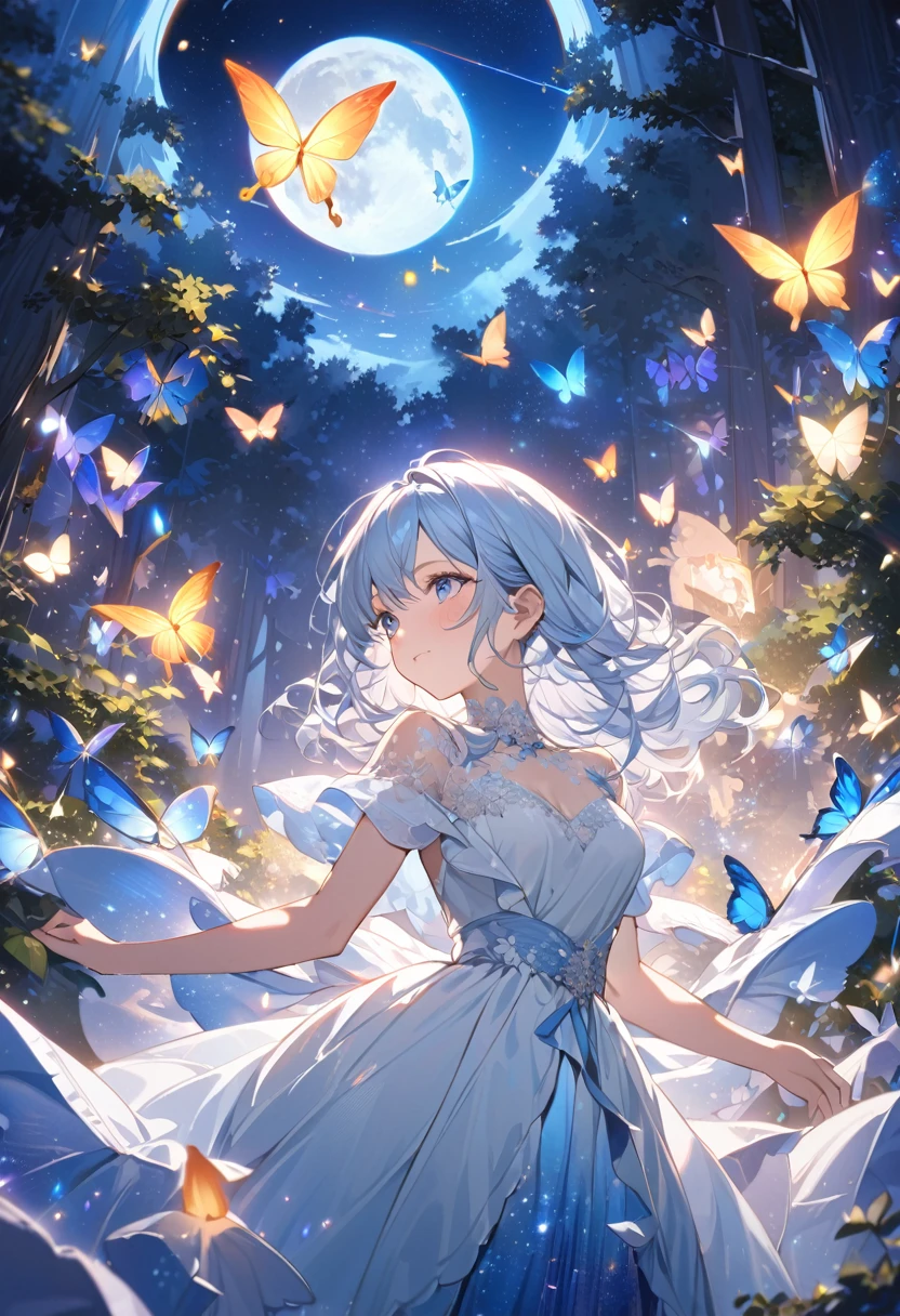 Attention to detail, Super Detail, Ultra-high resolution, A girl having a good time in a dream galaxy, Full moon behind the girl, The color of the moon is light blue,The warm light that shines on her, The background is a forest with the Milky Way visible, Colorful butterflies flutter around her, Delicate face, Add a fantastical atmosphere ,