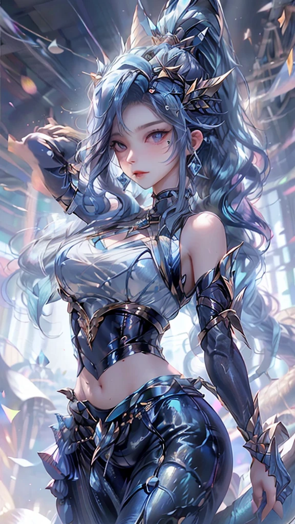 fair, elegant, Mild, Eastern, aldult (woman), curls (blue), face shape (charm) Sexy (Little mouth), Dragon Horn (blue), Large Breasts (Cleavage), Dragon scale armor ( blue), Ocean,
