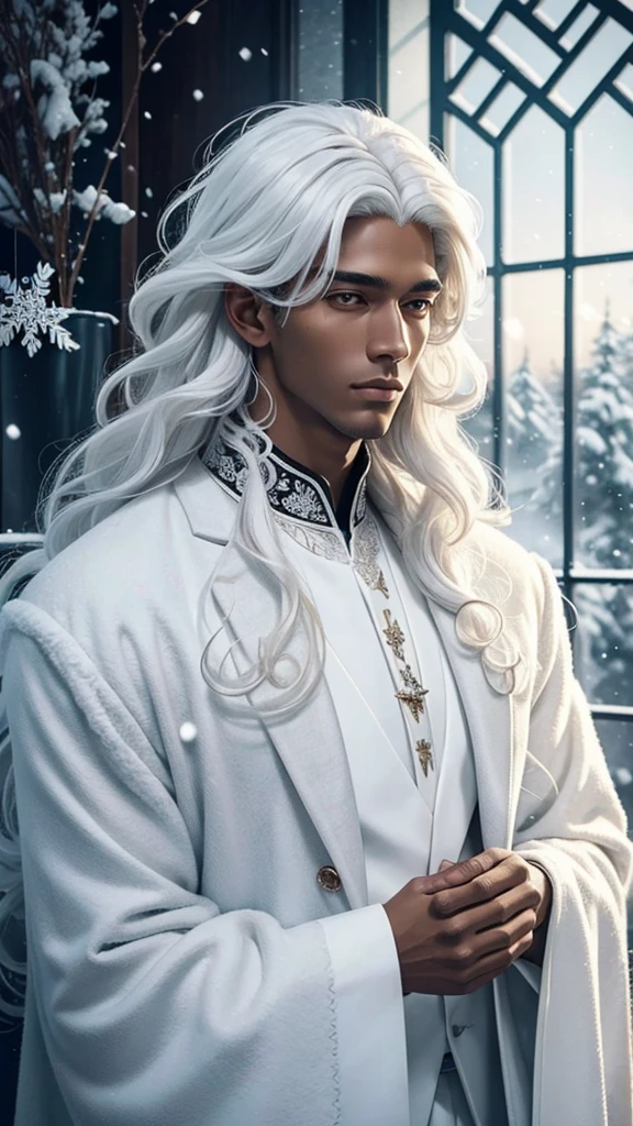 A tall man with a beautiful angelic face, he has curly white hair that reminds him of a snowy afternoon, He has a mysterious appearance with beautiful dark skin.