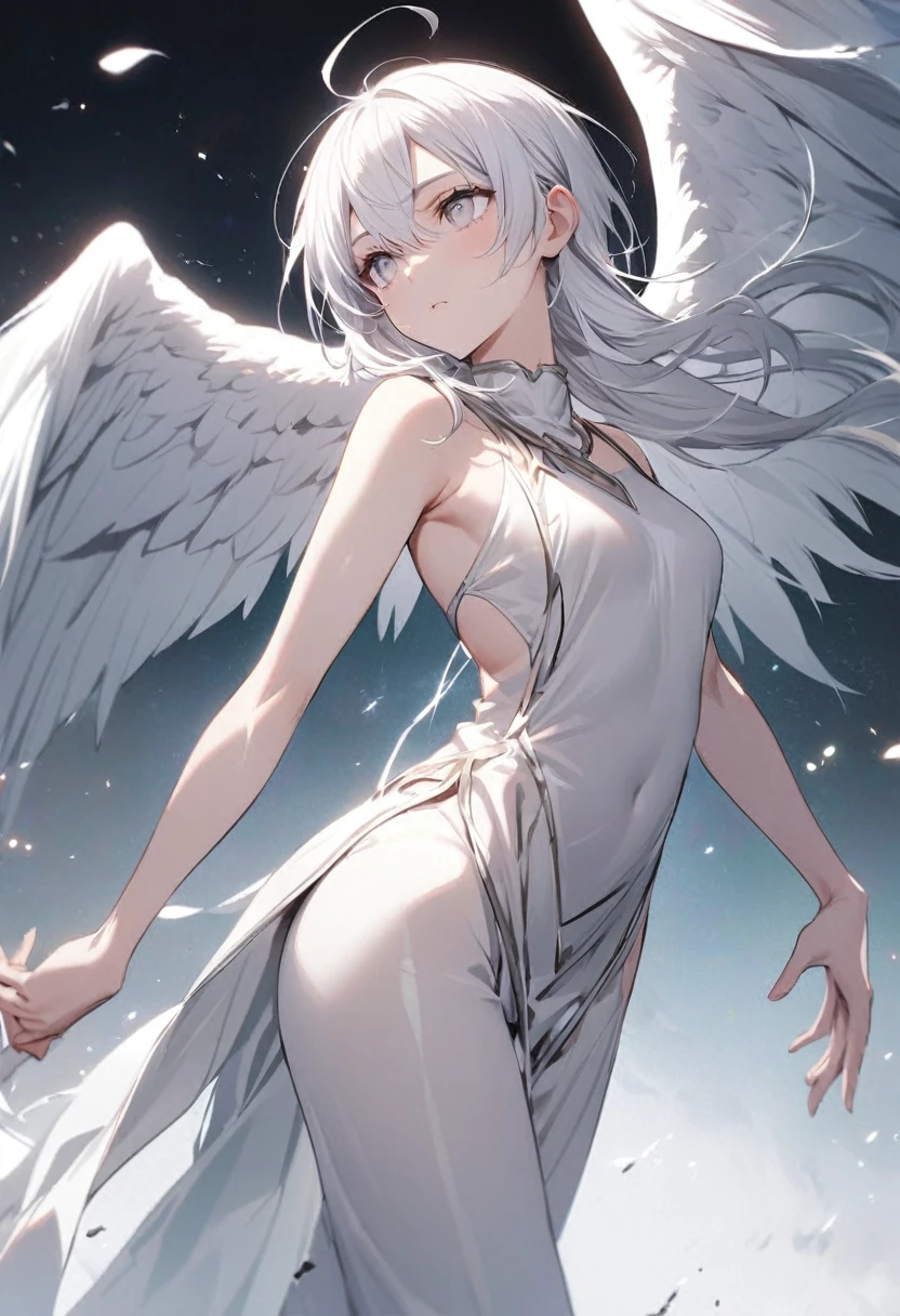 Chico, thin and fragile body, long white hair, white eyes, silver tunic, white pants, big white wings