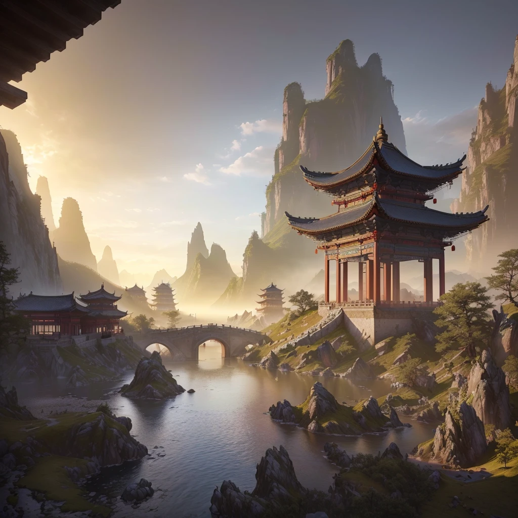 Aerial view of a tower in a mountain landscape with a lake, Chinese landscape, Beautiful renderings of the Tang Dynasty, Ross Tran. Landscape Background, Beautiful landscape rendering, High quality matte painting, realistic fantasy render, 3D rendered matte painting, Cyberpunk Chinese Ancient Castle, 8k Matte Paint, 8k matte painting, Exquisite matte painting, Matte Painting V Ray