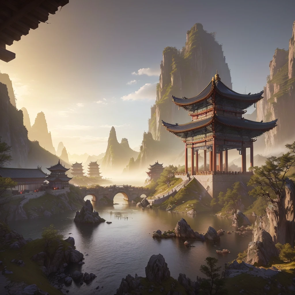 Aerial view of a tower in a mountain landscape with a lake, Chinese landscape, Beautiful renderings of the Tang Dynasty, Ross Tran. Landscape Background, Beautiful landscape rendering, High quality matte painting, realistic fantasy render, 3D rendered matte painting, Cyberpunk Chinese Ancient Castle, 8k Matte Paint, 8k matte painting, Exquisite matte painting, Matte Painting V Ray