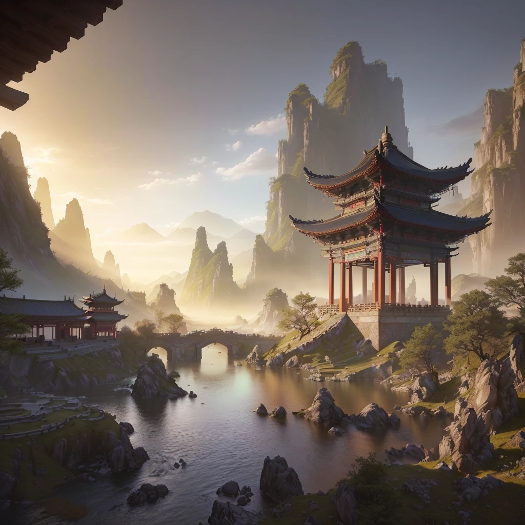 Aerial view of a tower in a mountain landscape with a lake, Chinese landscape, Beautiful renderings of the Tang Dynasty, Ross Tran. Landscape Background, Beautiful landscape rendering, High quality matte painting, realistic fantasy render, 3D rendered matte painting, Cyberpunk Chinese Ancient Castle, 8k Matte Paint, 8k matte painting, Exquisite matte painting, Matte Painting V Ray
