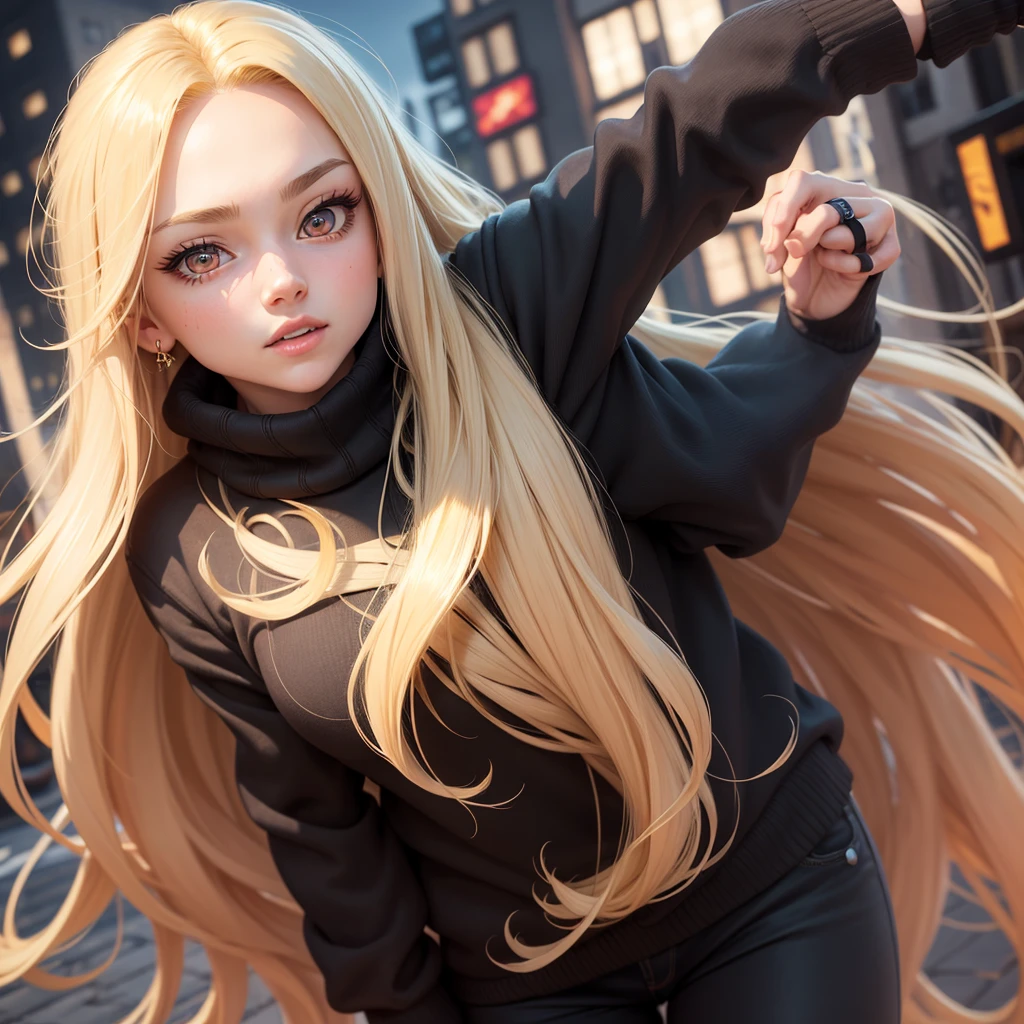 masterpiece, high quality, perfect face, high texture, 1 girl, 1 person, cheered up, My Hero Academia, long blonde hair, Red eyes, timide way, black sweater, Black pants, background of a city