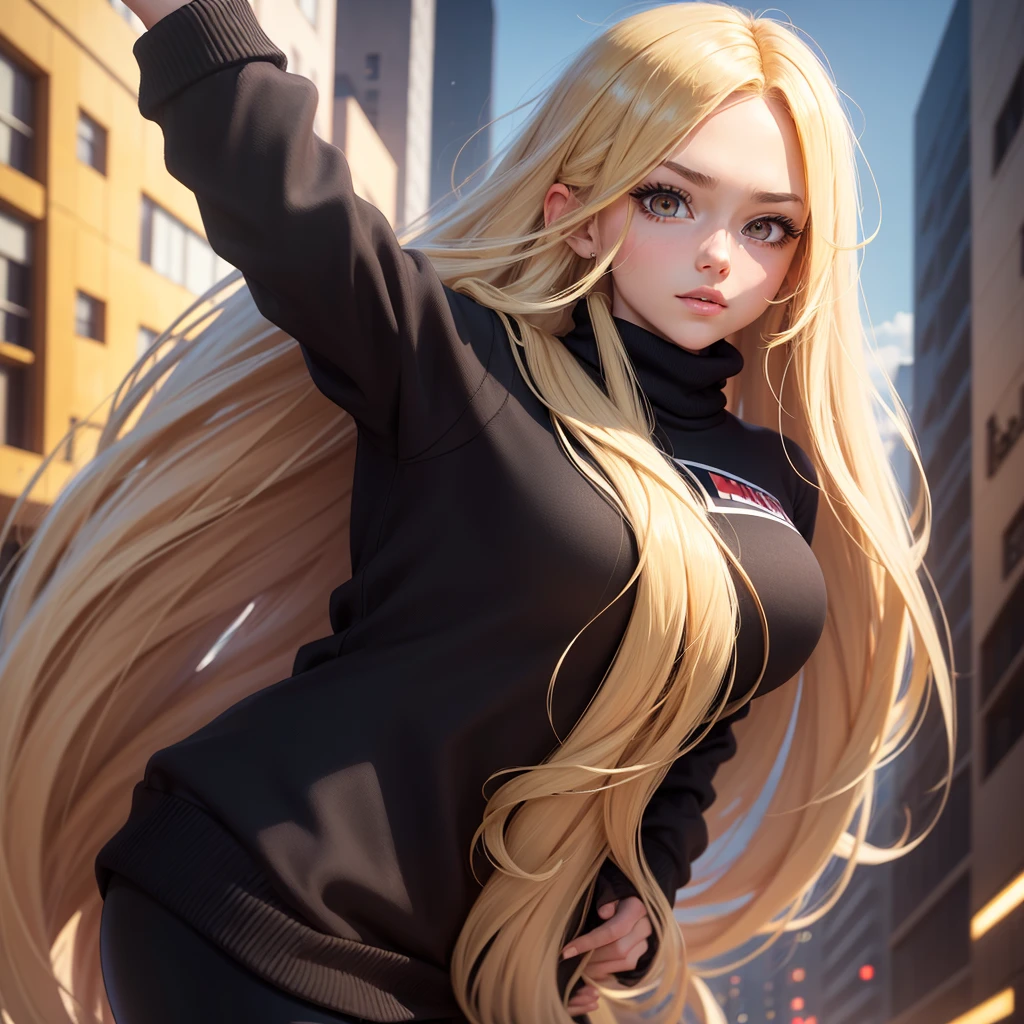 masterpiece, high quality, perfect face, high texture, 1 girl, 1 person, cheered up, My Hero Academia, long blonde hair, Red eyes, timide way, black sweater, Black pants, background of a city