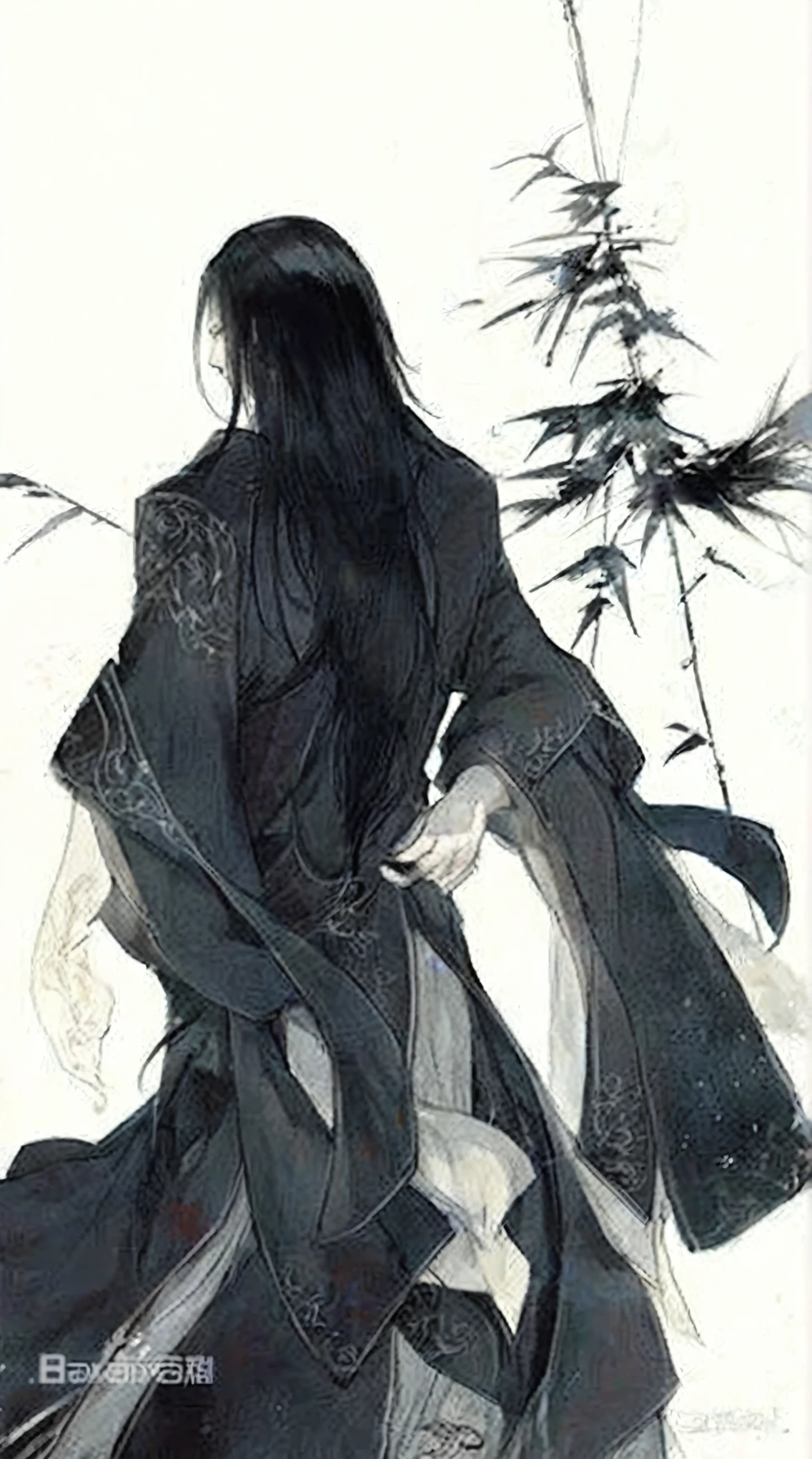 A young man wearing a black and white dress, flowing hair and a robe, wearing a long-haired cloak, full of killing intent, and his back is resolute