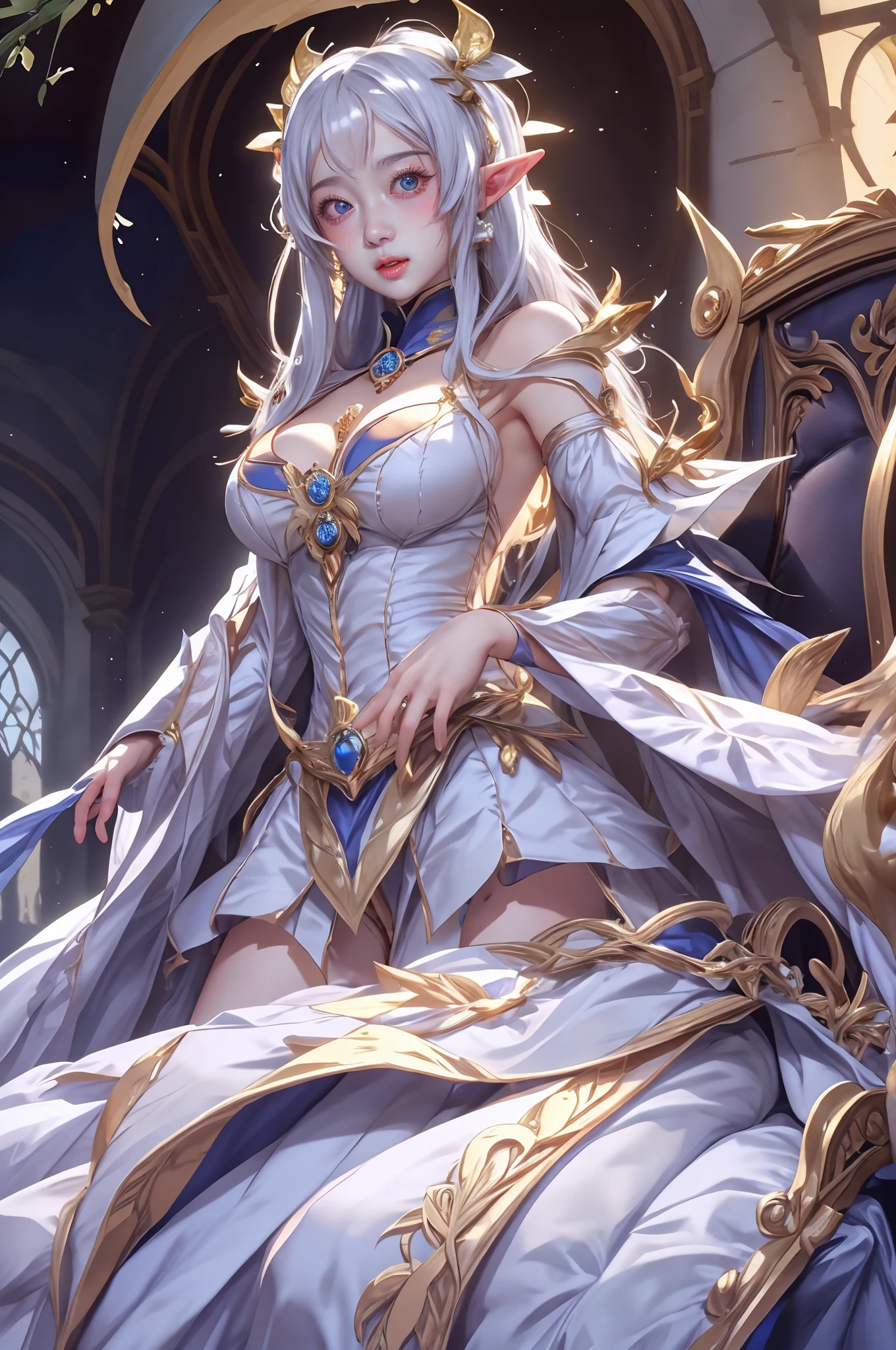 ,Ethereal Background,Mysterious atmosphere,RAW photos,16K,drama灯光,Colorful,high quality,Precise focus,4D Cinema,drama,Surreal illustration,Super detailed,absurd,Complex Mode, atmosphere,Ultra-high resolution,(Breasts naturally droop outwards),(Large Breasts),(Showing shoulders and thighs),A woman,(solo:1.5),Ice Palace,Ice Queen